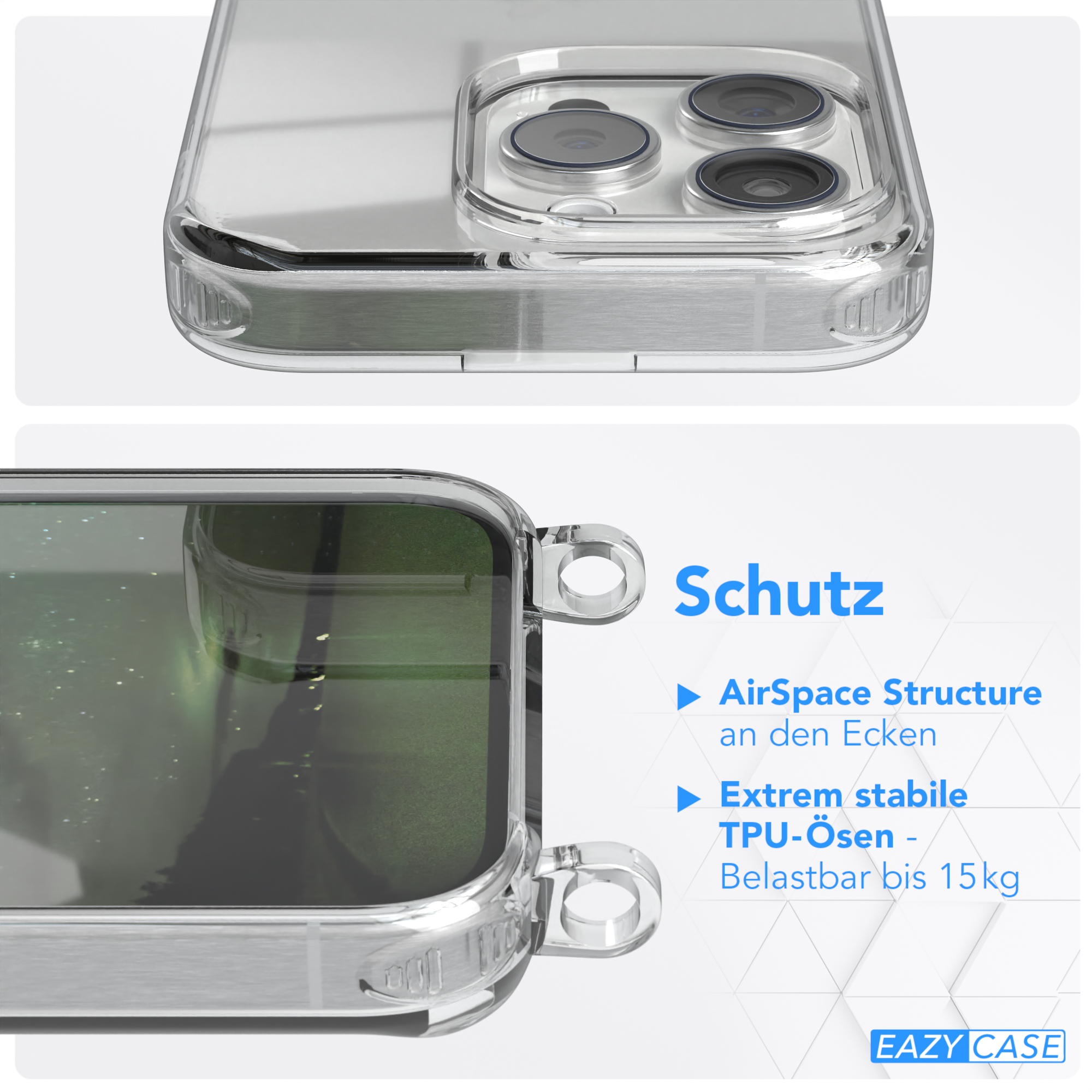 EAZY CASE Transparente Handyhülle mit Kordel Gold Nachtgrün Apple, Pro, 15 runder Karabiner, Umhängetasche, / + iPhone