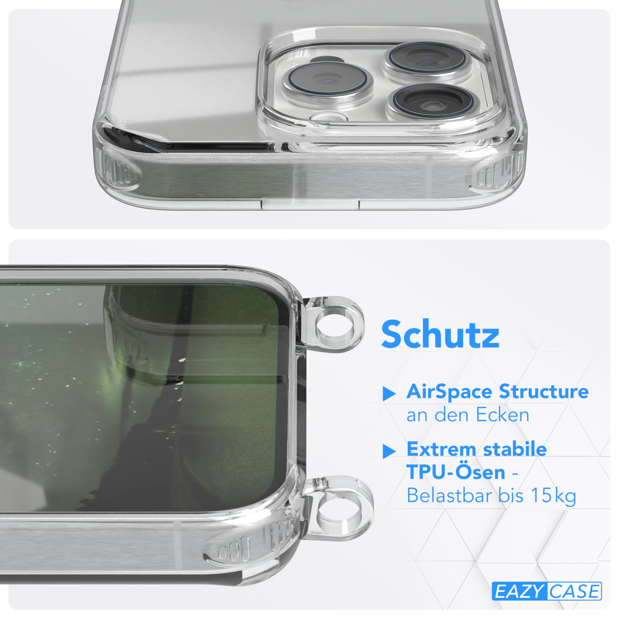 Nahaufnahme einer Handyhülle, die Details wie AirSpace Structure und TPU-Ösen zeigt.