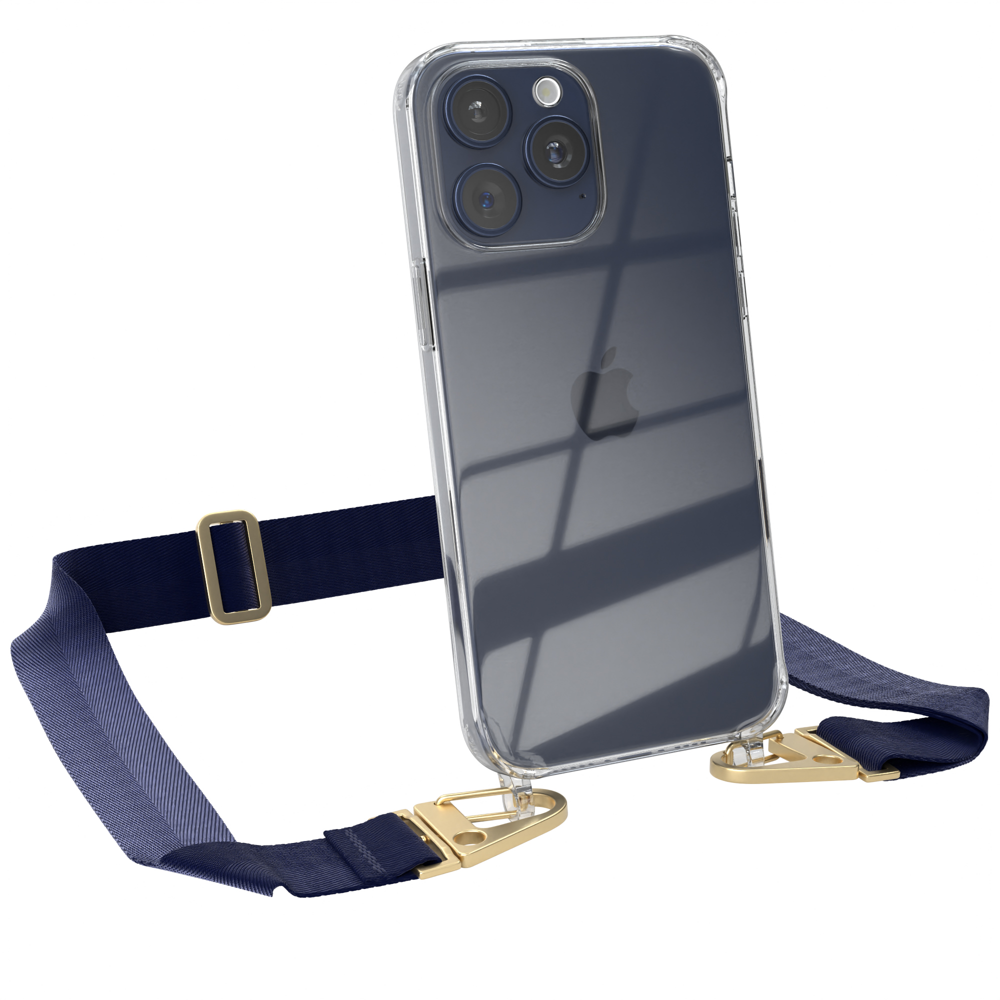 EAZY CASE Transparente mit Karabiner, Max, Dunkel Umhängetasche, breiter Apple, Pro + Gold Handyhülle iPhone 15 Kordel Blau 