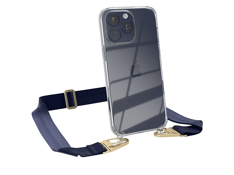 EAZY CASE Transparente Handyhülle mit breiter Kordel + Karabiner, Umhängetasche, Apple, iPhone 15 Pro Max, Dunkel Blau / Gold