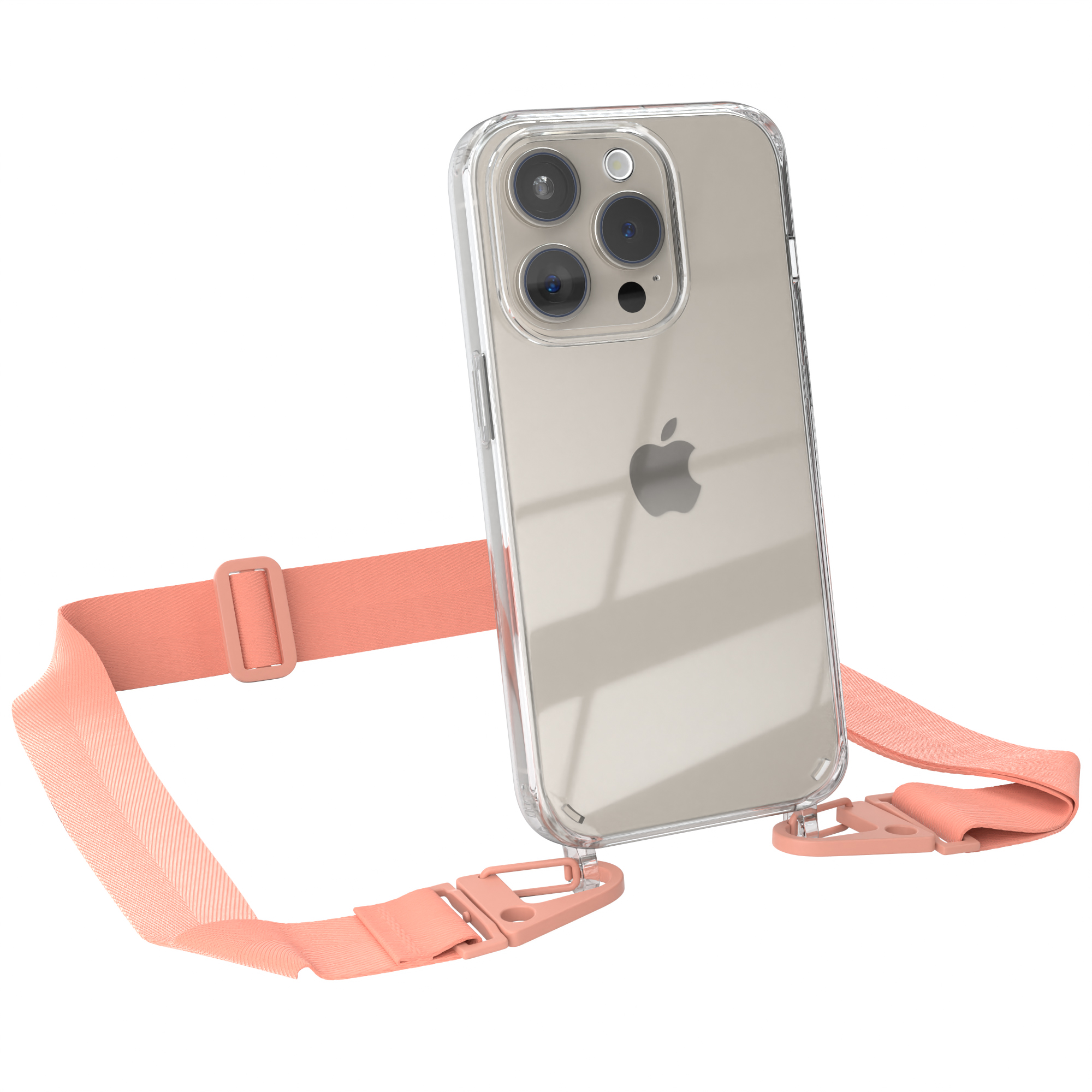 EAZY CASE Transparente Handyhülle + breiter Umhängetasche, iPhone Kordel Karabiner, 15 mit Coral / Pro, Altrosa Apple