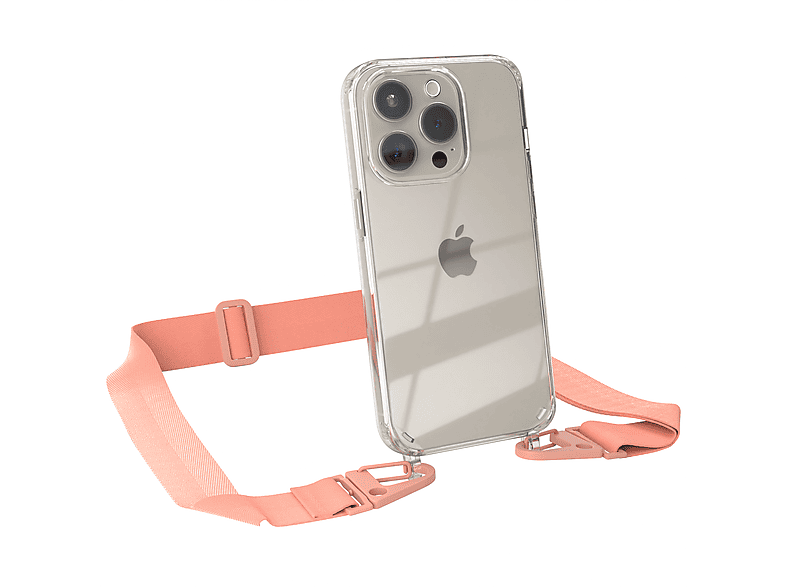 EAZY CASE Transparente Handyhülle breiter Altrosa Pro, + Kordel Coral iPhone mit Karabiner, Umhängetasche, Apple, / 15