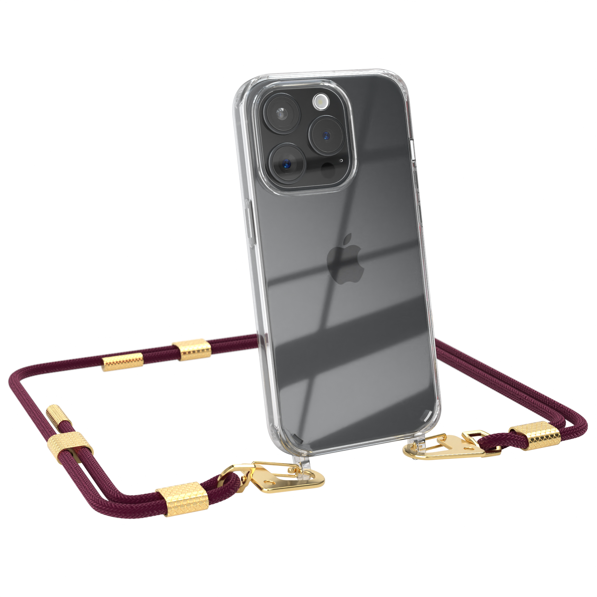 Ein iPhone in einer durchsichtigen Hülle mit einem weinroten Seilriemen und goldfarbener Hardware.