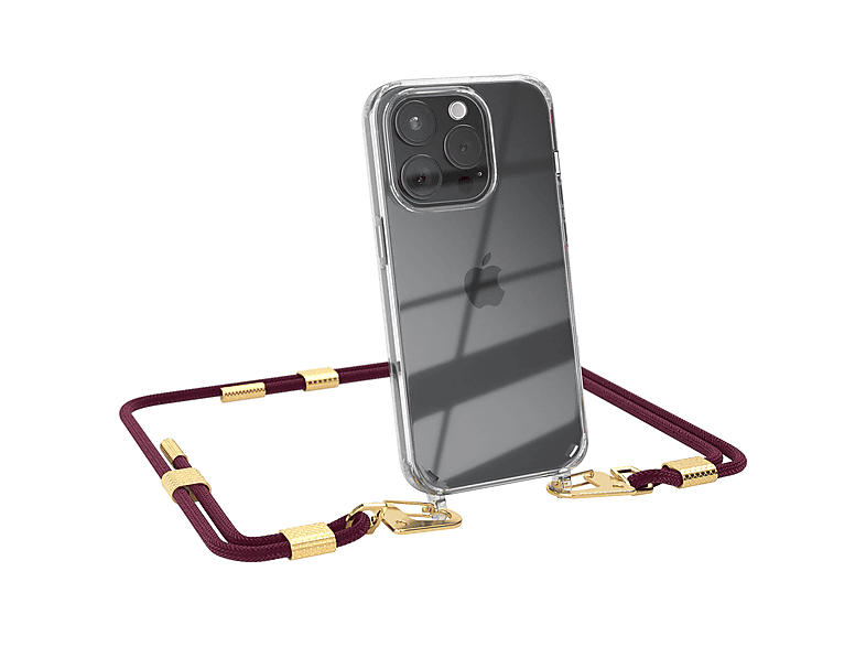 EAZY CASE Transparente Handyhülle mit runder Kordel + Karabiner, Umhängetasche, Apple, iPhone 15 Pro, Bordeaux / Gold