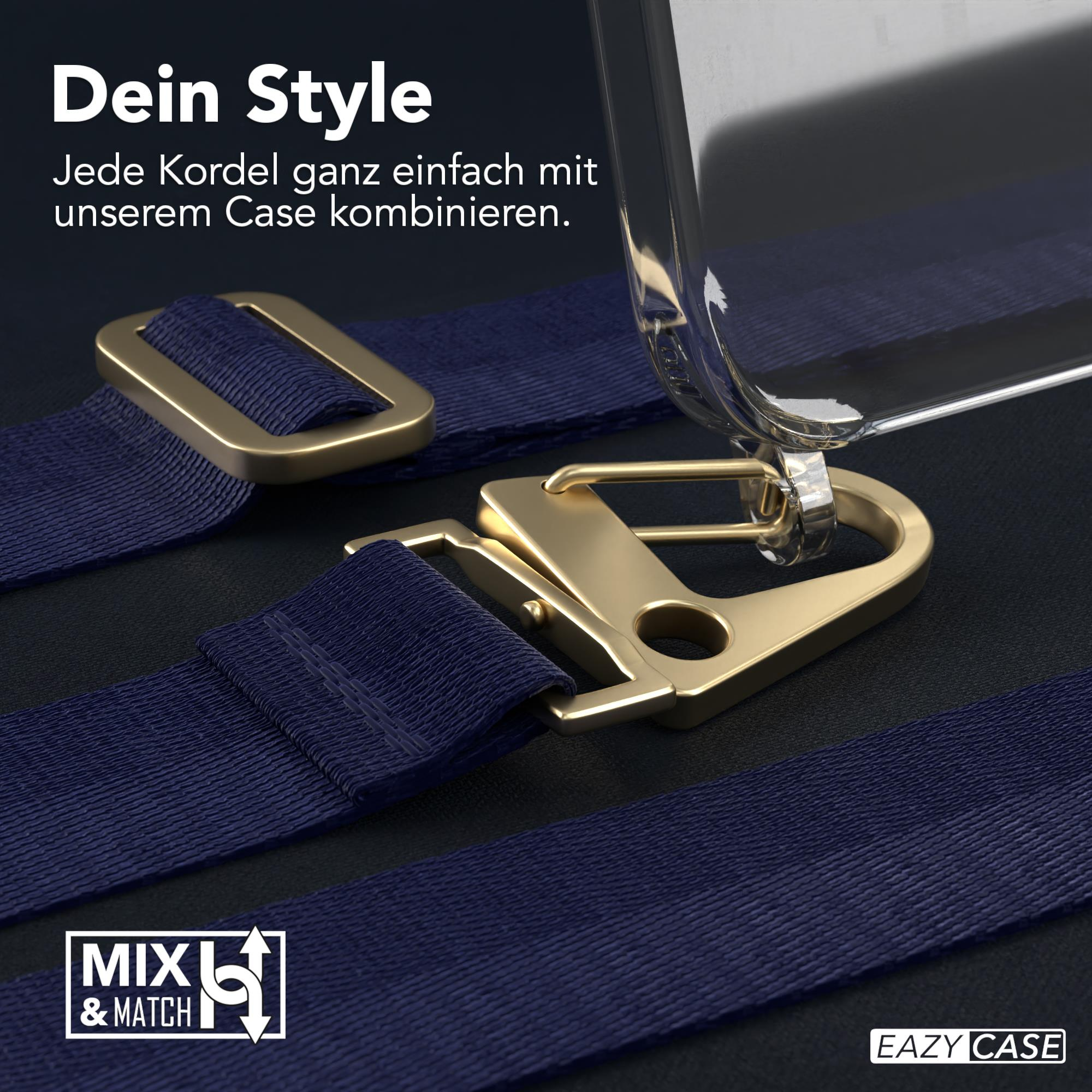 Nahaufnahme einer Handyhülle mit blauem Gurt und goldenem Verschluss. Klares Design.