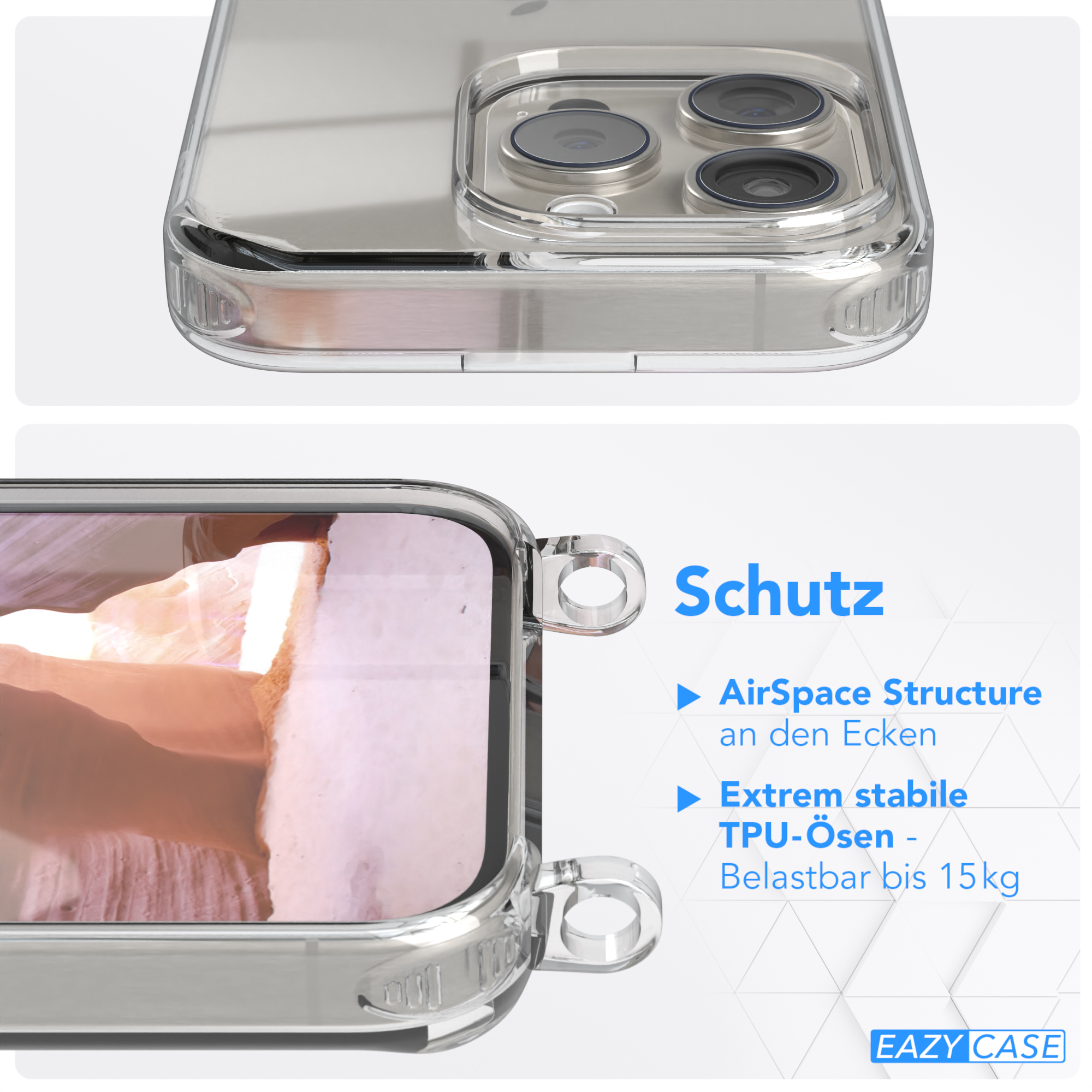 / iPhone Karabiner, EAZY breiter Altrosa mit Pro, Transparente Umhängetasche, + Coral 15 CASE Kordel Handyhülle Apple,