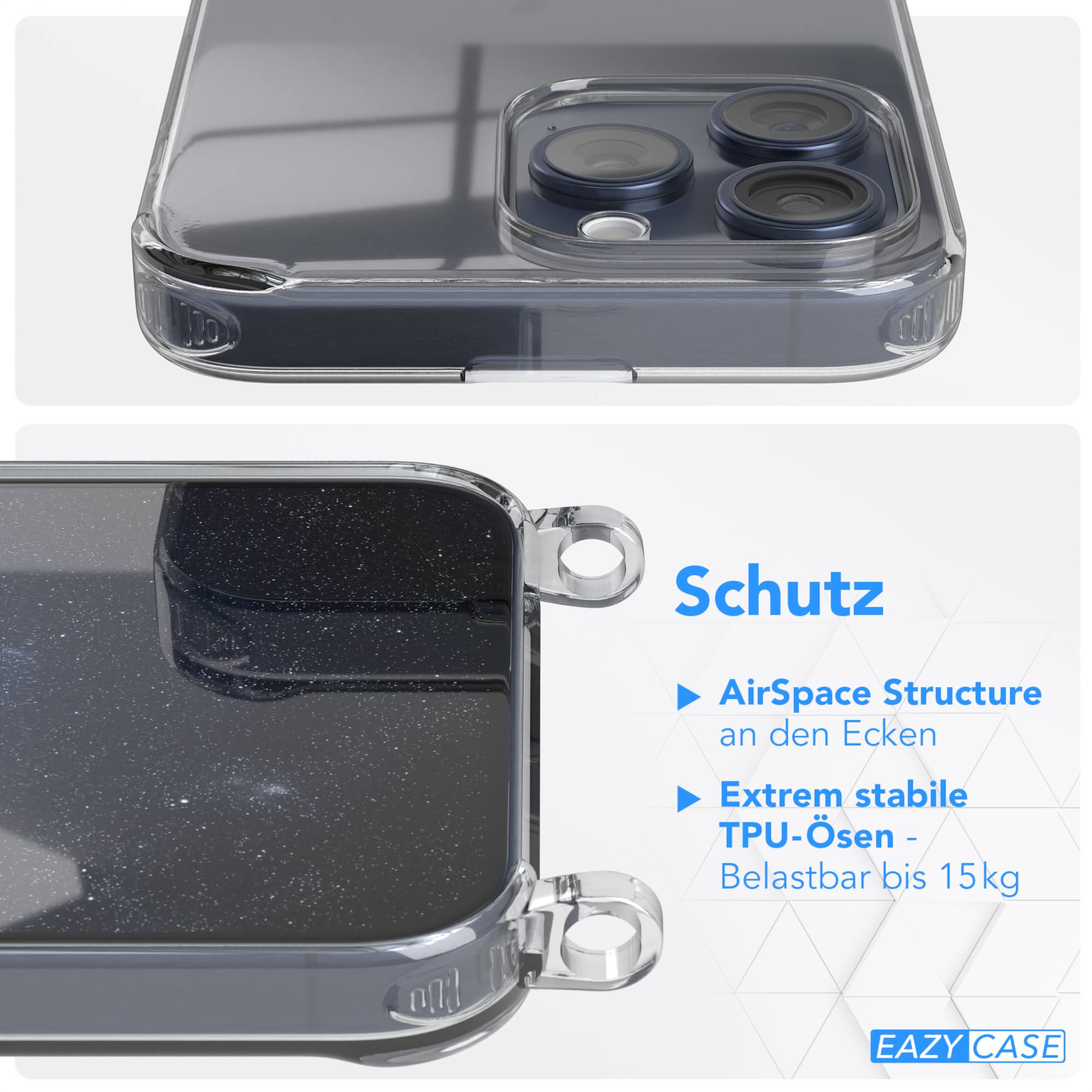 Nahaufnahme einer transparenten Handyhülle mit 'AirSpace Structure' und 'TPU'.