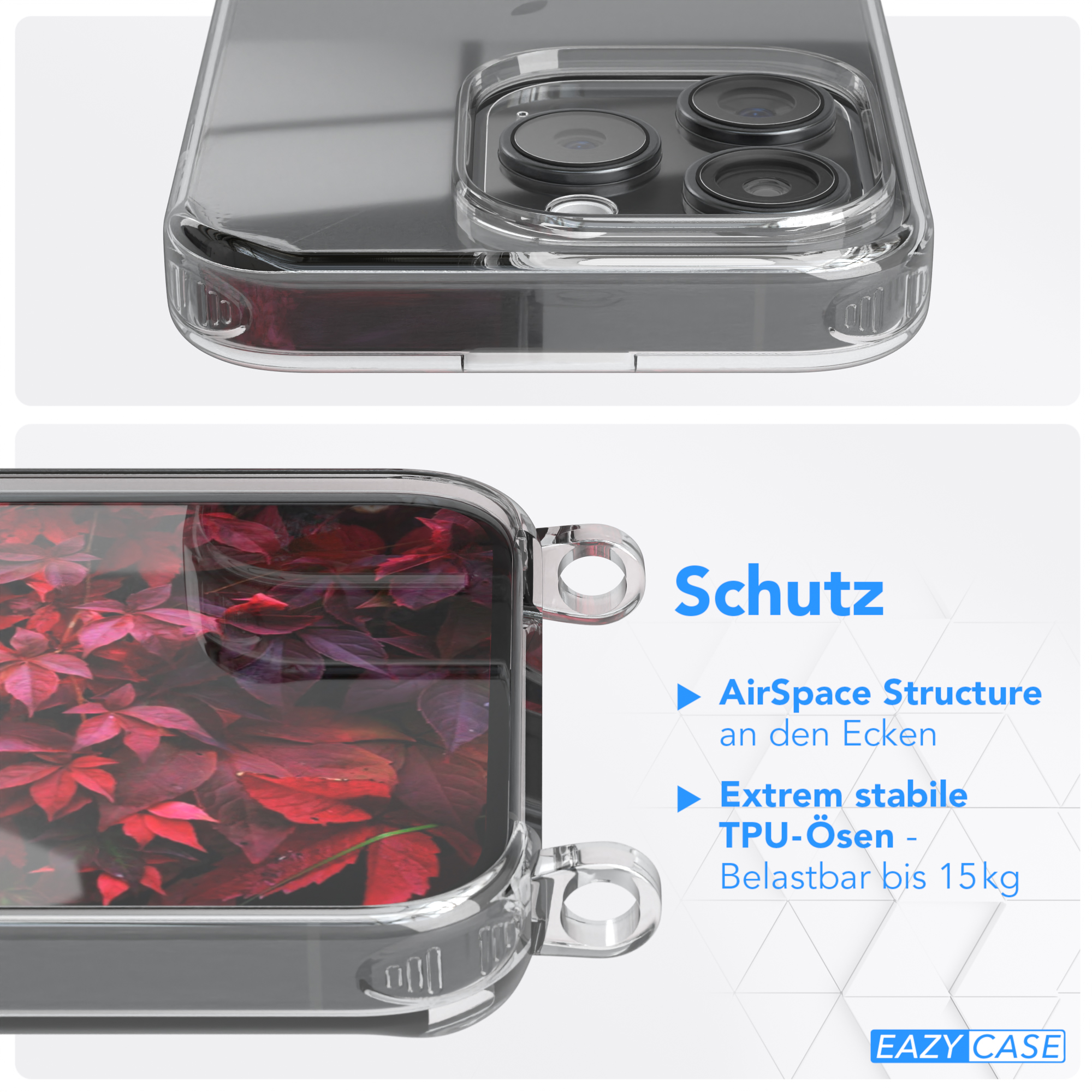 EAZY CASE Transparente Handyhülle mit Apple, Pro, Bordeaux / runder + Kordel iPhone Umhängetasche, Gold Karabiner, 15
