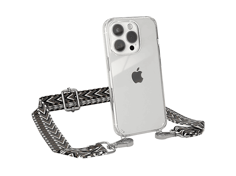 EAZY CASE Transparente Handyhülle mit Kordel Boho Style, Umhängetasche, Apple, iPhone 15 Pro, Schwarz / Grau