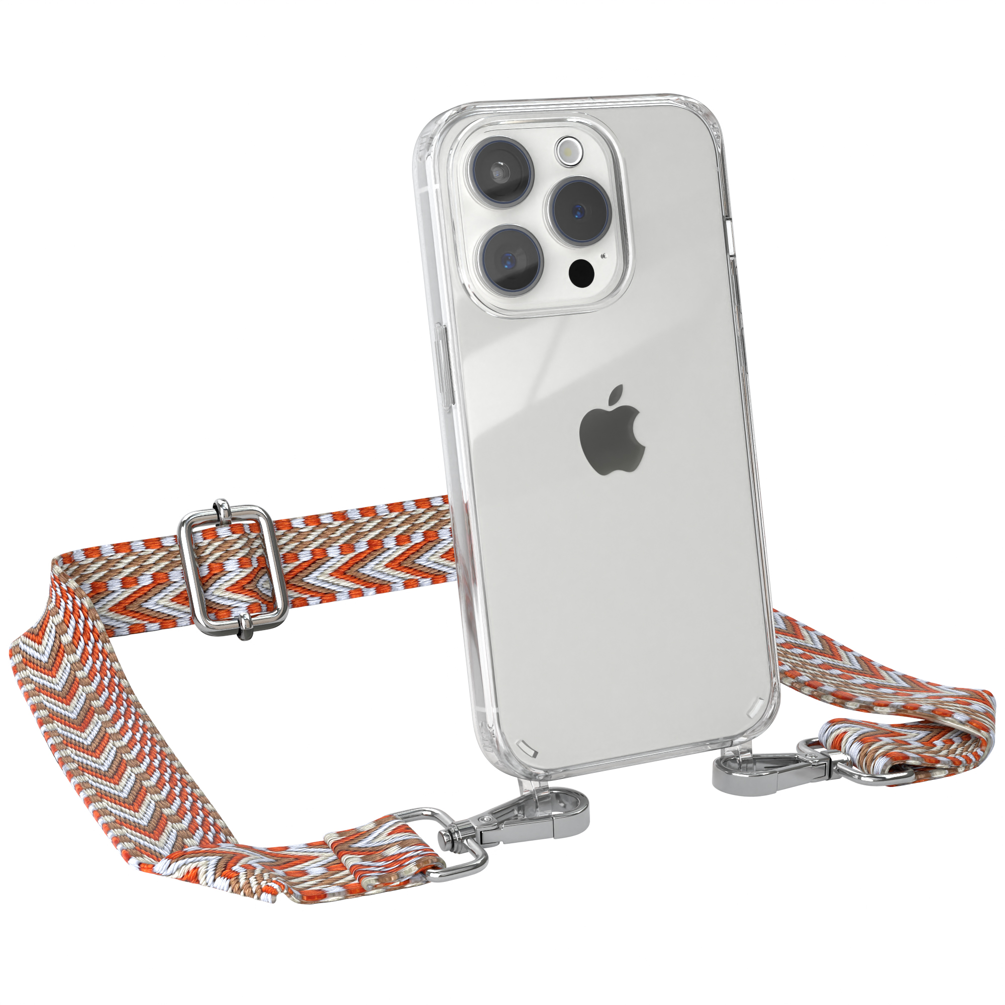Telefon mit Bandhülle; Band ist orange, weiß und braun. Das Telefon ist klar.