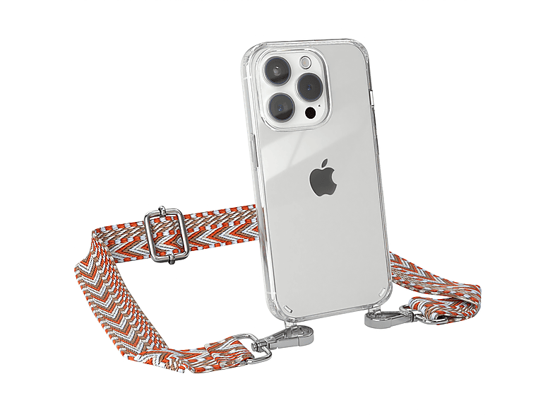 EAZY CASE Transparente Handyhülle mit Kordel Boho Style, Umhängetasche, Apple, iPhone 15 Pro, Hellblau / Rot