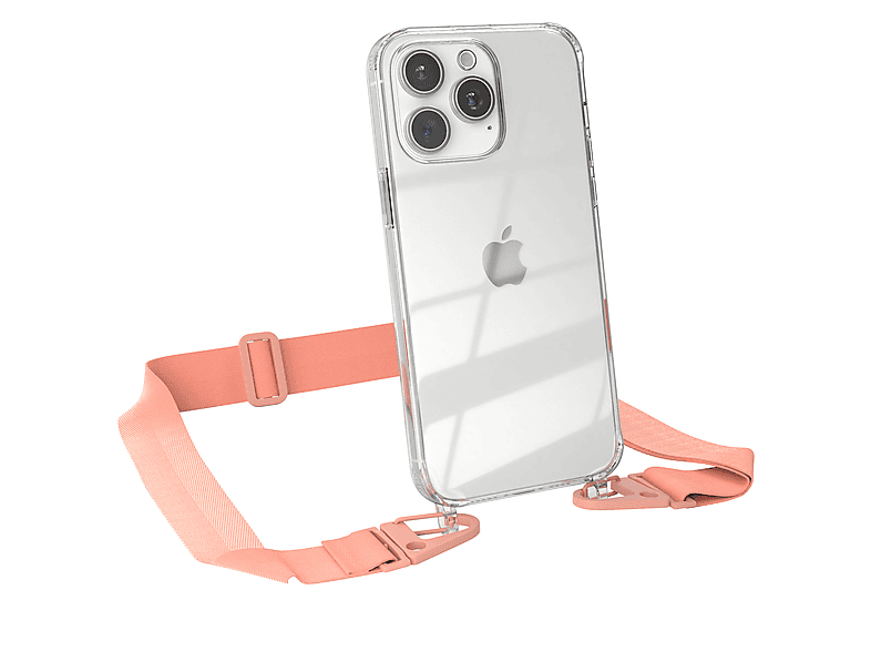 Apple, Kordel + CASE Karabiner, Max, 15 iPhone mit / Coral Handyhülle Transparente Altrosa EAZY Umhängetasche, Pro breiter