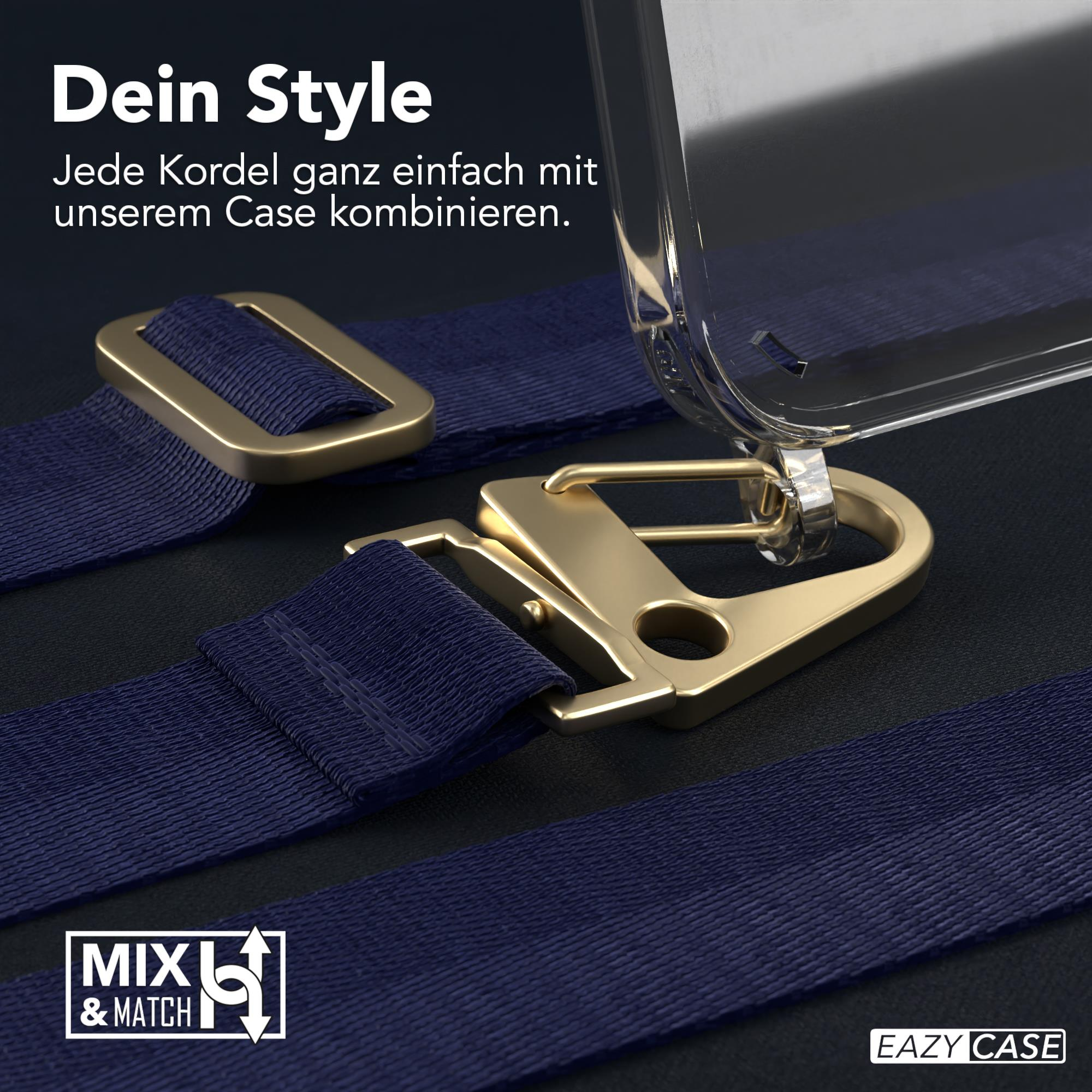 Nahaufnahme von Handyrand und -hülle. Goldfarbener Verschluss und blauer Riemen. Text: 'Dein Style'.