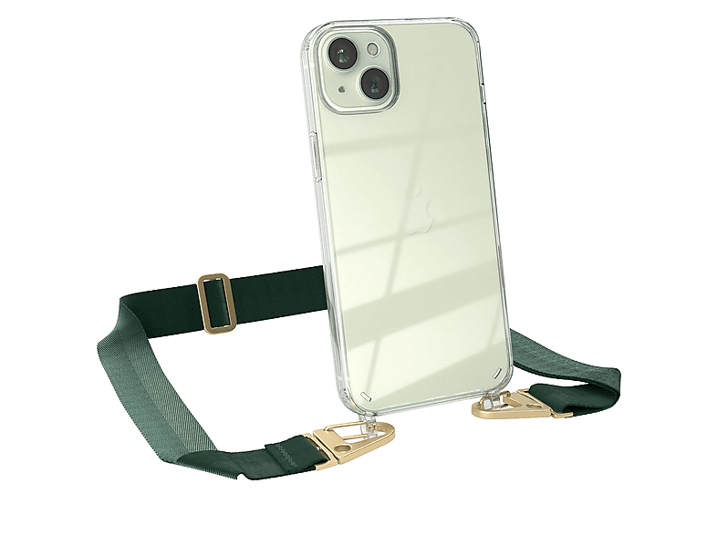 EAZY CASE Transparente Handyhülle mit breiter Kordel + Karabiner, Umhängetasche, Apple, iPhone 15 Plus, Dunkel Grün / Gold