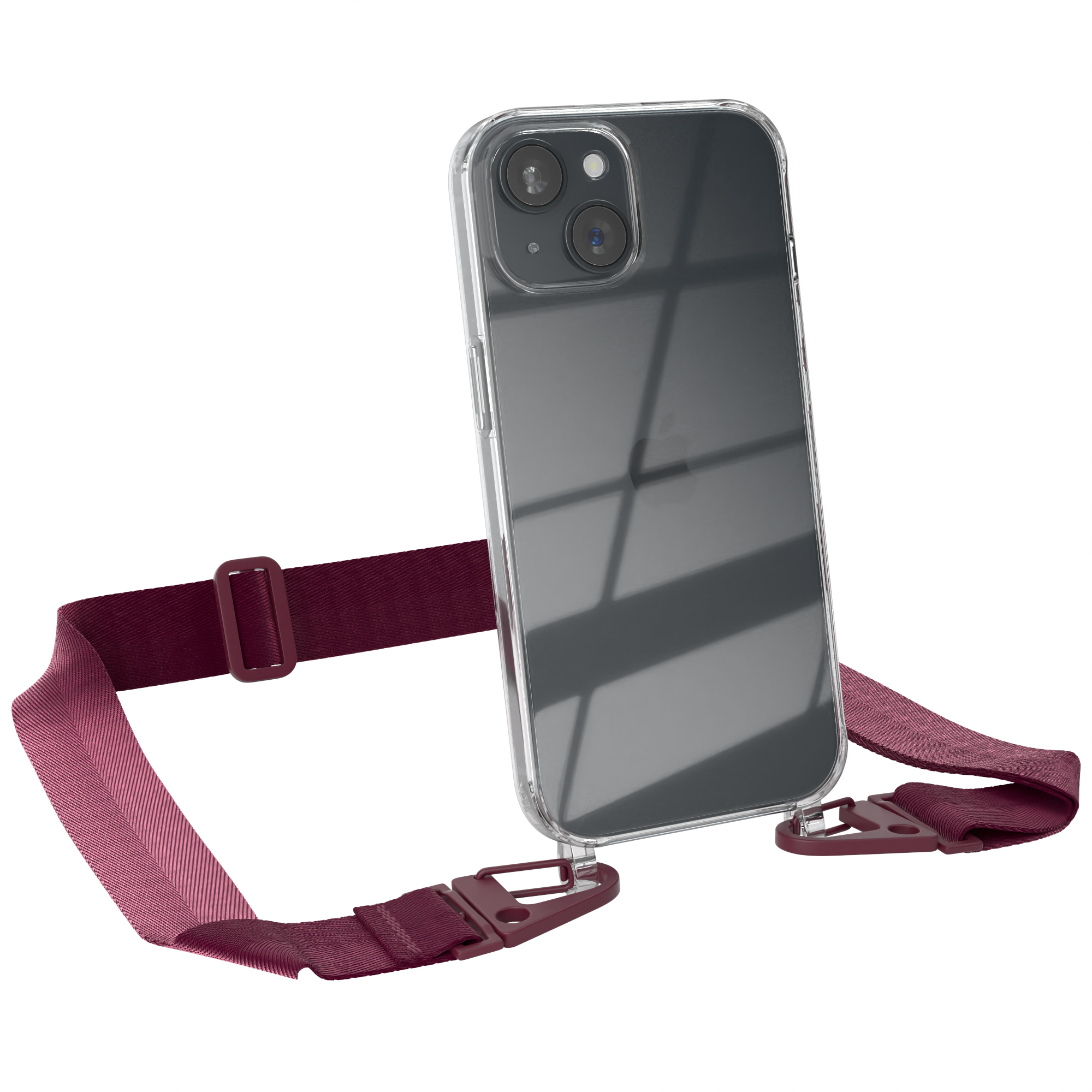 Transparente Handyhülle mit burgunderfarbenem Riemen. Die Hülle ist transparent, der Riemen bordeauxrot.