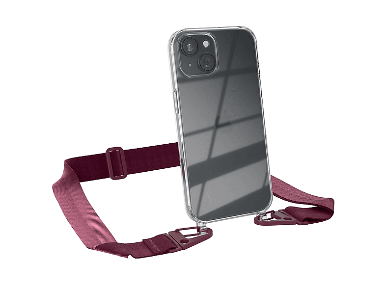 EAZY CASE Transparente Handyhülle mit / Karabiner, Rot Kordel iPhone Beere 15, Burgundy Apple, + breiter Umhängetasche