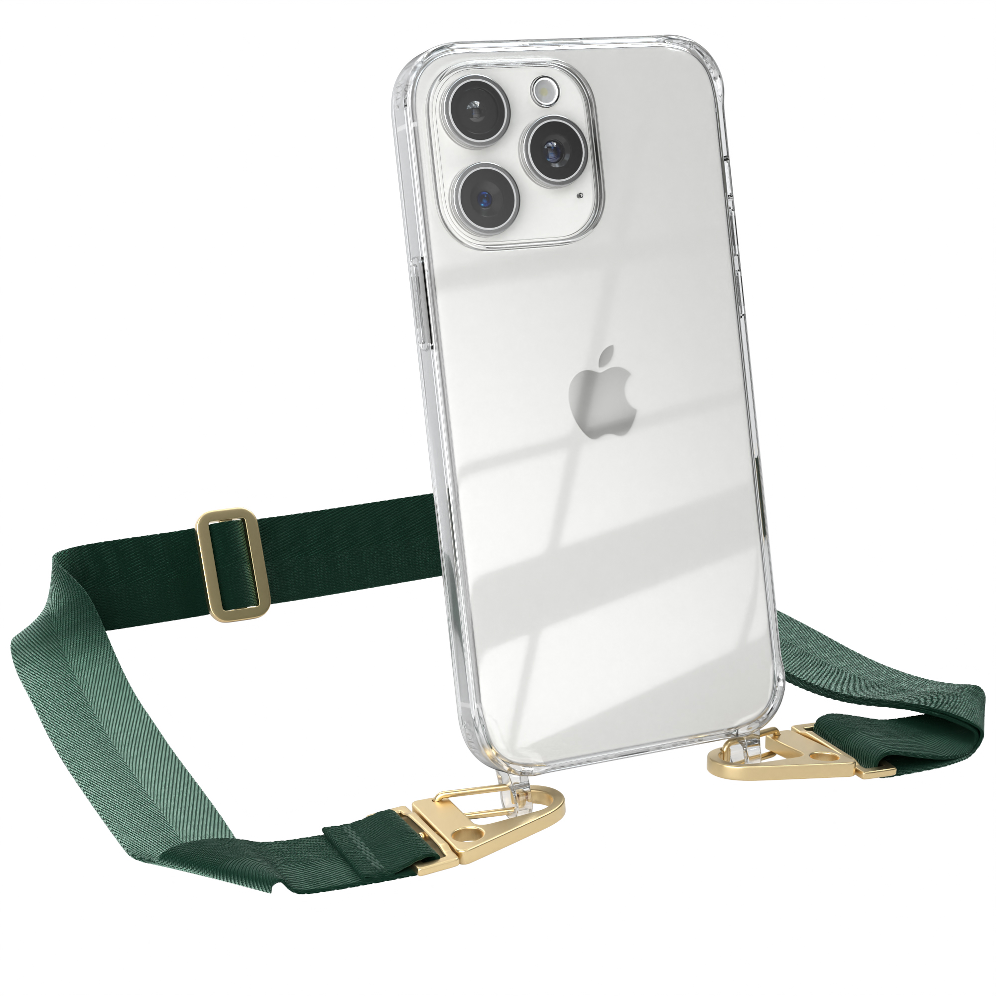 15 Dunkel Max, mit Karabiner, EAZY / Transparente CASE Apple, breiter Handyhülle Umhängetasche, iPhone Kordel Grün + Gold Pro