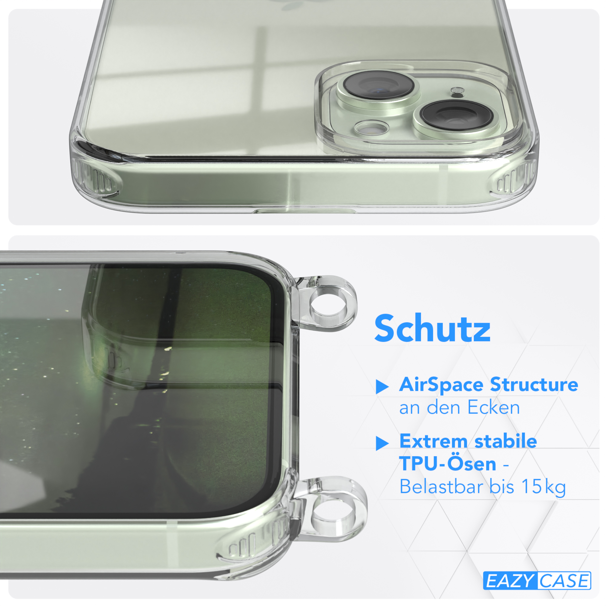 EAZY CASE Transparente Kordel mit Grün iPhone / Plus, Gold 15 Dunkel Apple, breiter Umhängetasche, Karabiner, Handyhülle 