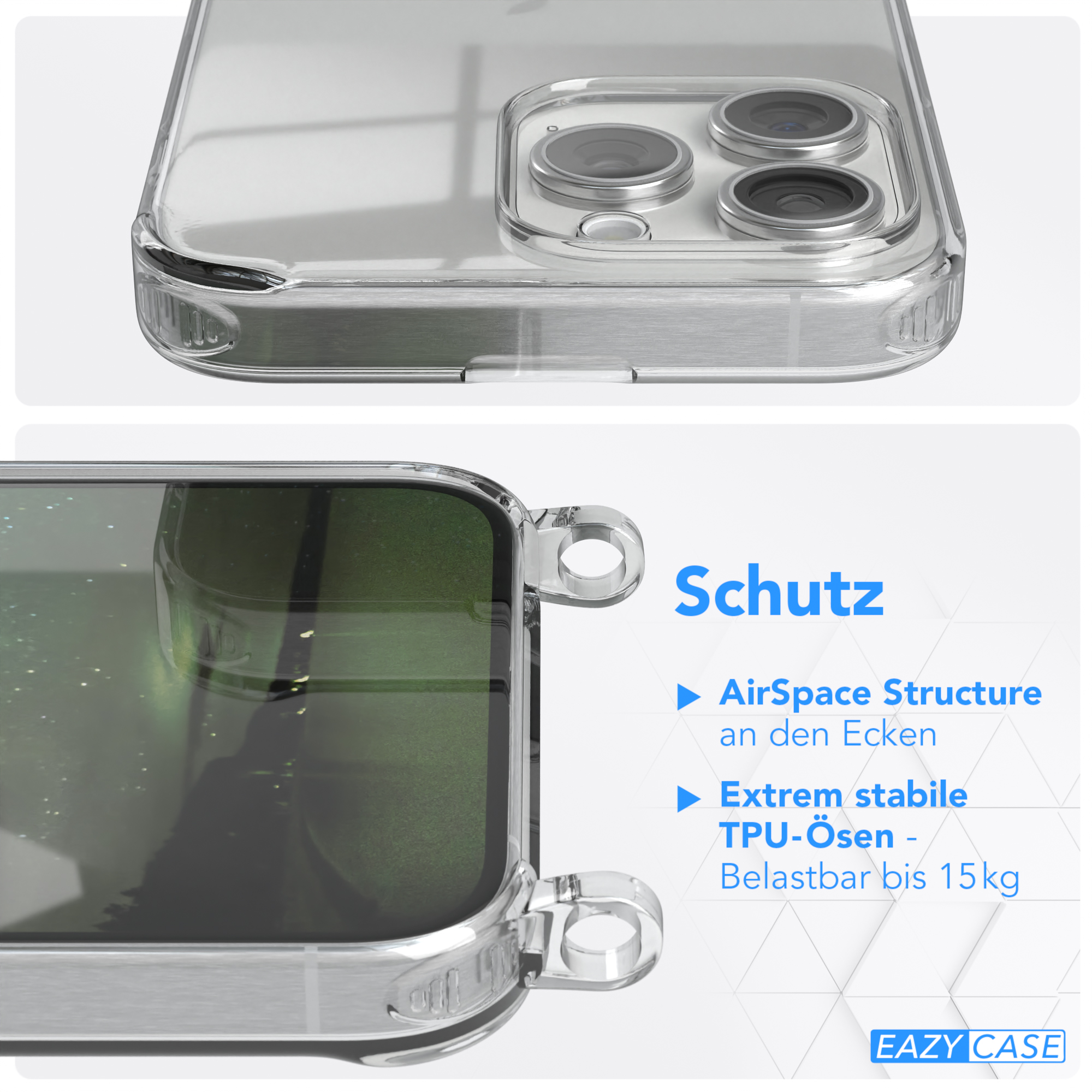 15 Dunkel Max, mit Karabiner, EAZY / Transparente CASE Apple, breiter Handyhülle Umhängetasche, iPhone Kordel Grün + Gold Pro