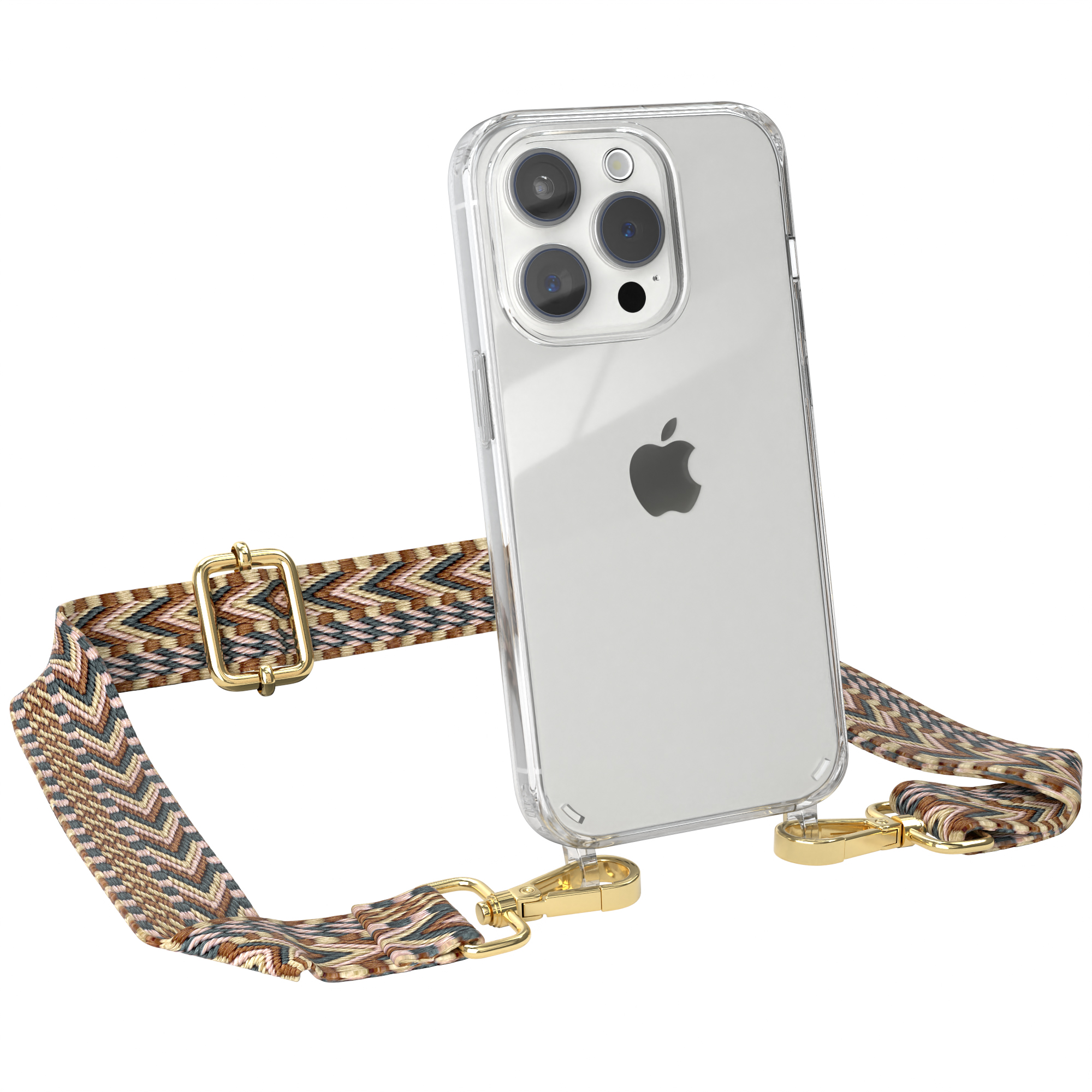Klares iPhone mit Hülle und Band. Das Band ist braun mit goldenen Details und einem gemusterten Design.