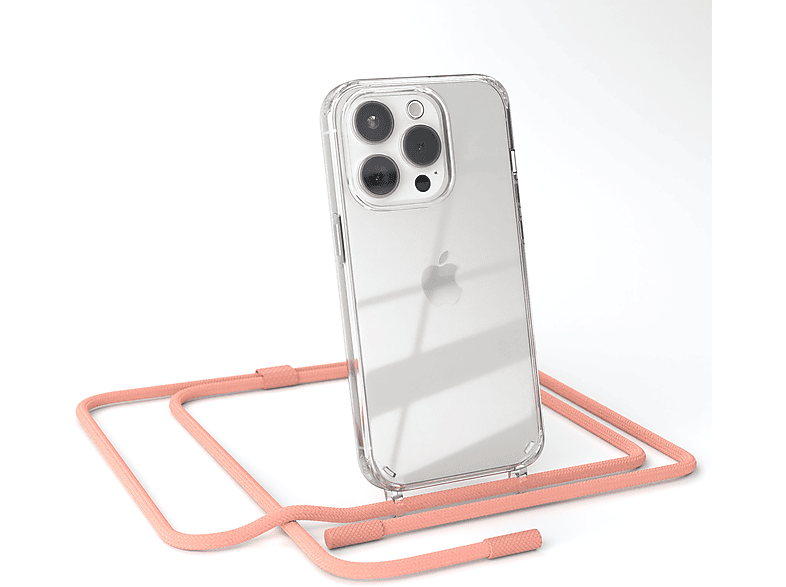 EAZY CASE Transparente Handyhülle mit runder Kette unifarbend, Umhängetasche, Apple, iPhone 15 Pro, Altrosa / Coral