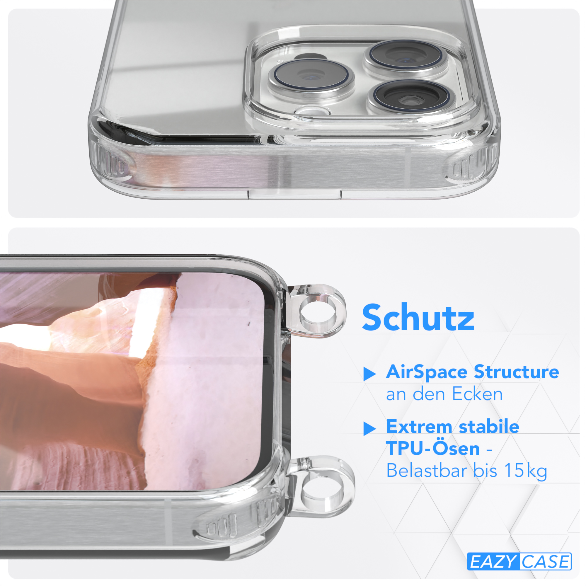 Apple, Coral unifarbend, 15 / Kette mit CASE Handyhülle Altrosa Umhängetasche, Pro, EAZY Transparente iPhone runder