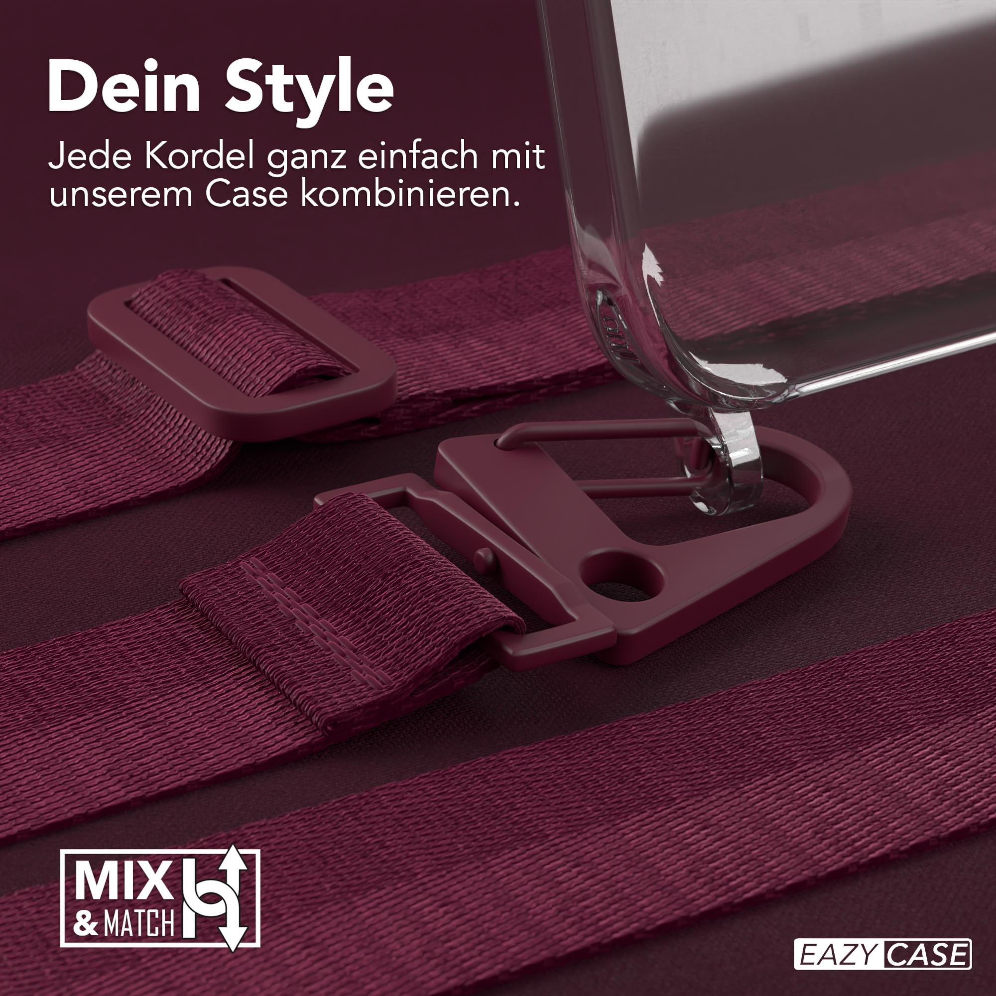 Eine Handyhülle mit einem roten Riemen, der an einem roten Verschluss befestigt ist. Es gibt auch rote Verzierungen.