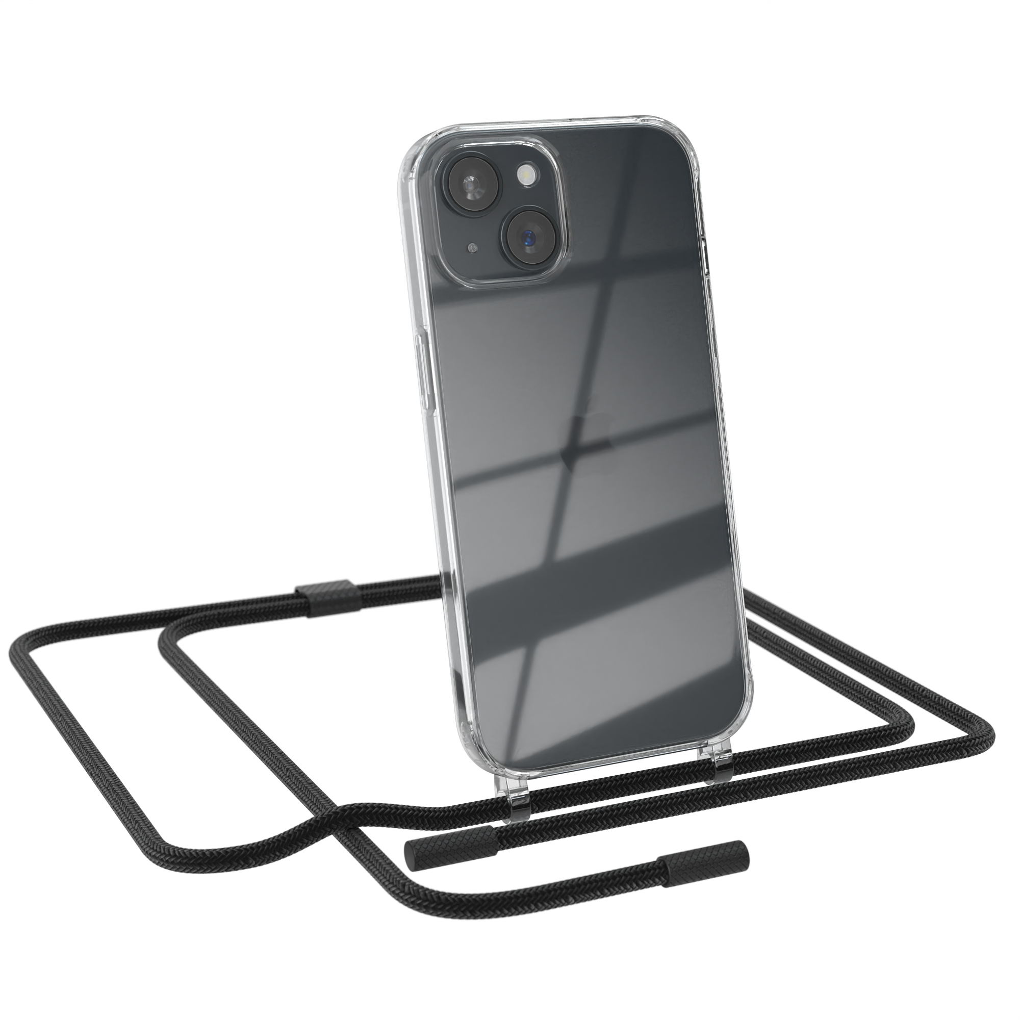 Umhängetasche, iPhone Kette 15, Transparente CASE mit runder Handyhülle Apple, Schwarz EAZY unifarbend,