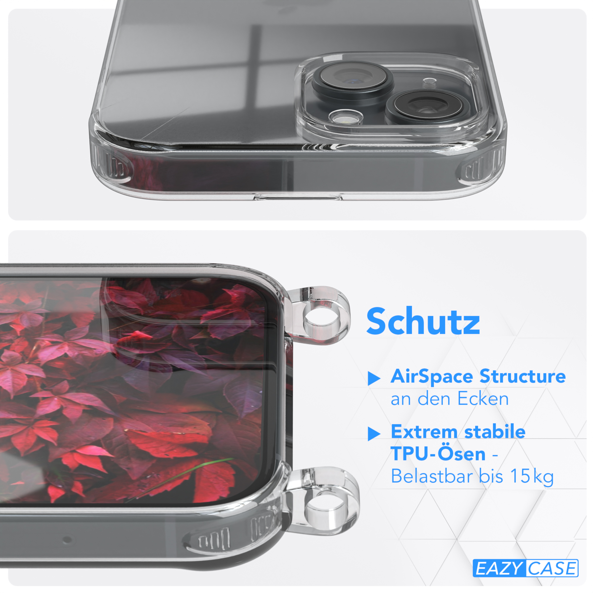 Eine Handyhülle mit Telefon, Text 'Schutz' und Funktionen.