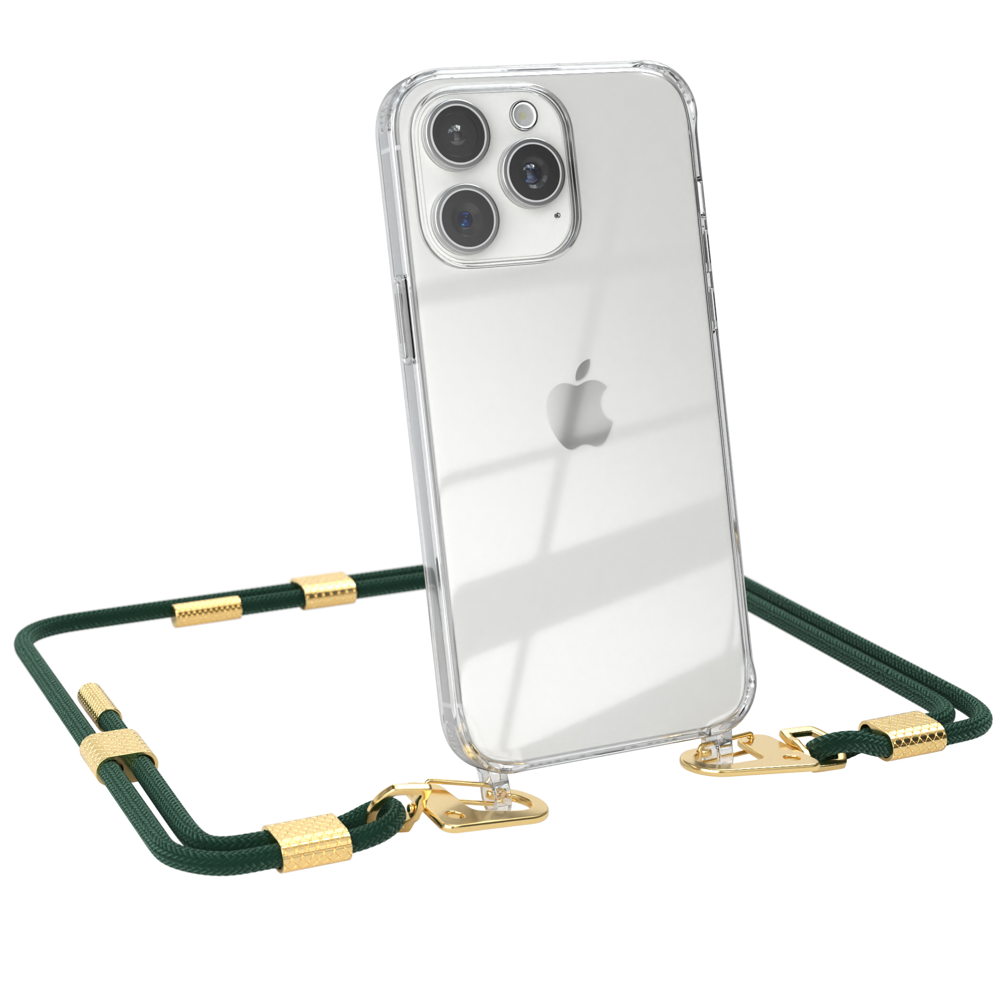 iPhone in klarer Hülle mit grünem Kordel. Goldene Verschlüsse. Weißer Hintergrund.