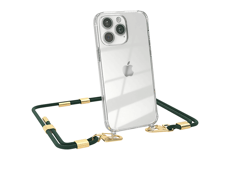 EAZY CASE Transparente Handyhülle mit runder Kordel + Karabiner, Umhängetasche, Apple, iPhone 15 Pro Max, Nachtgrün / Gold