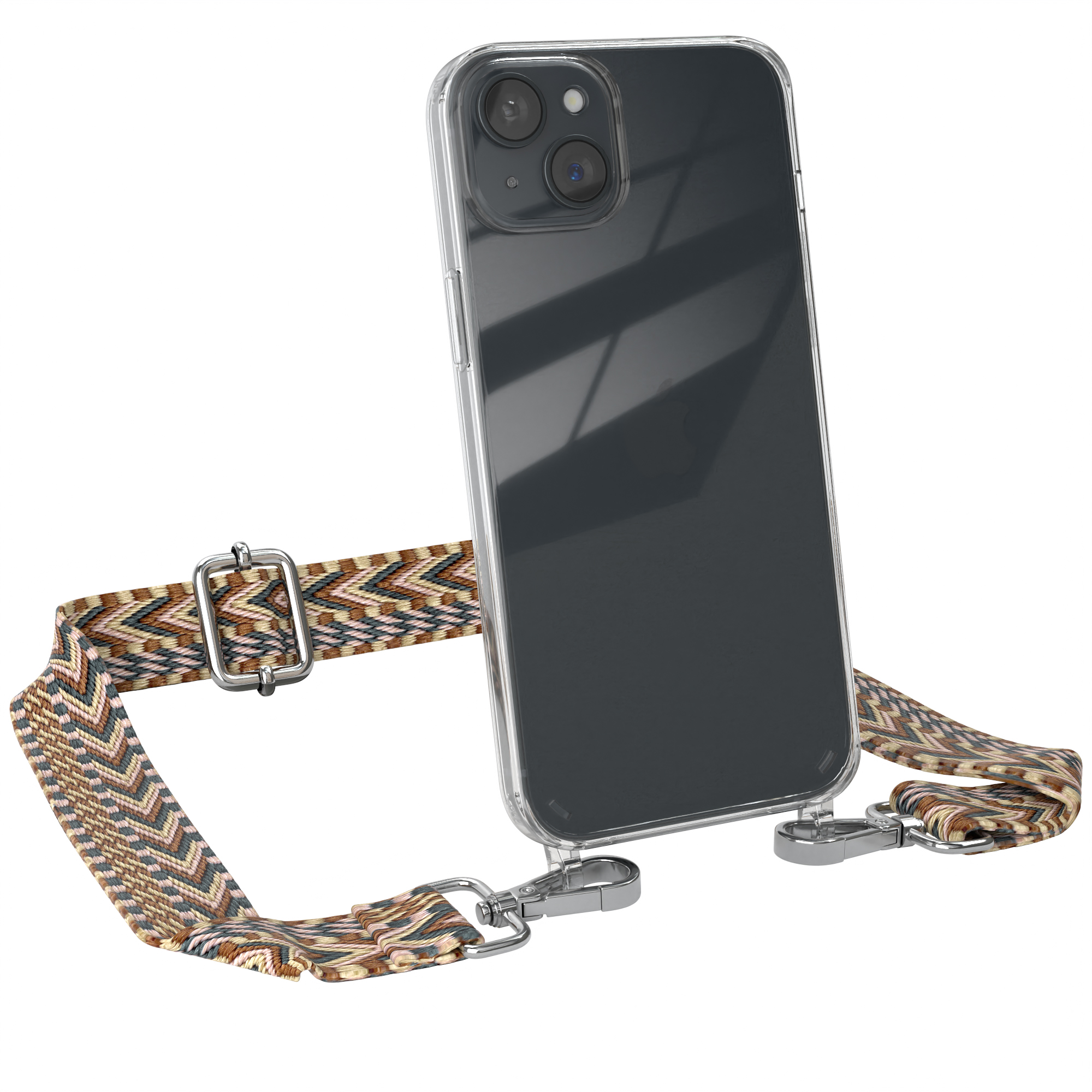 CASE Apple, Kordel iPhone Umhängetasche, 15 EAZY Braun Style, Transparente mit Plus, Mix Handyhülle Boho