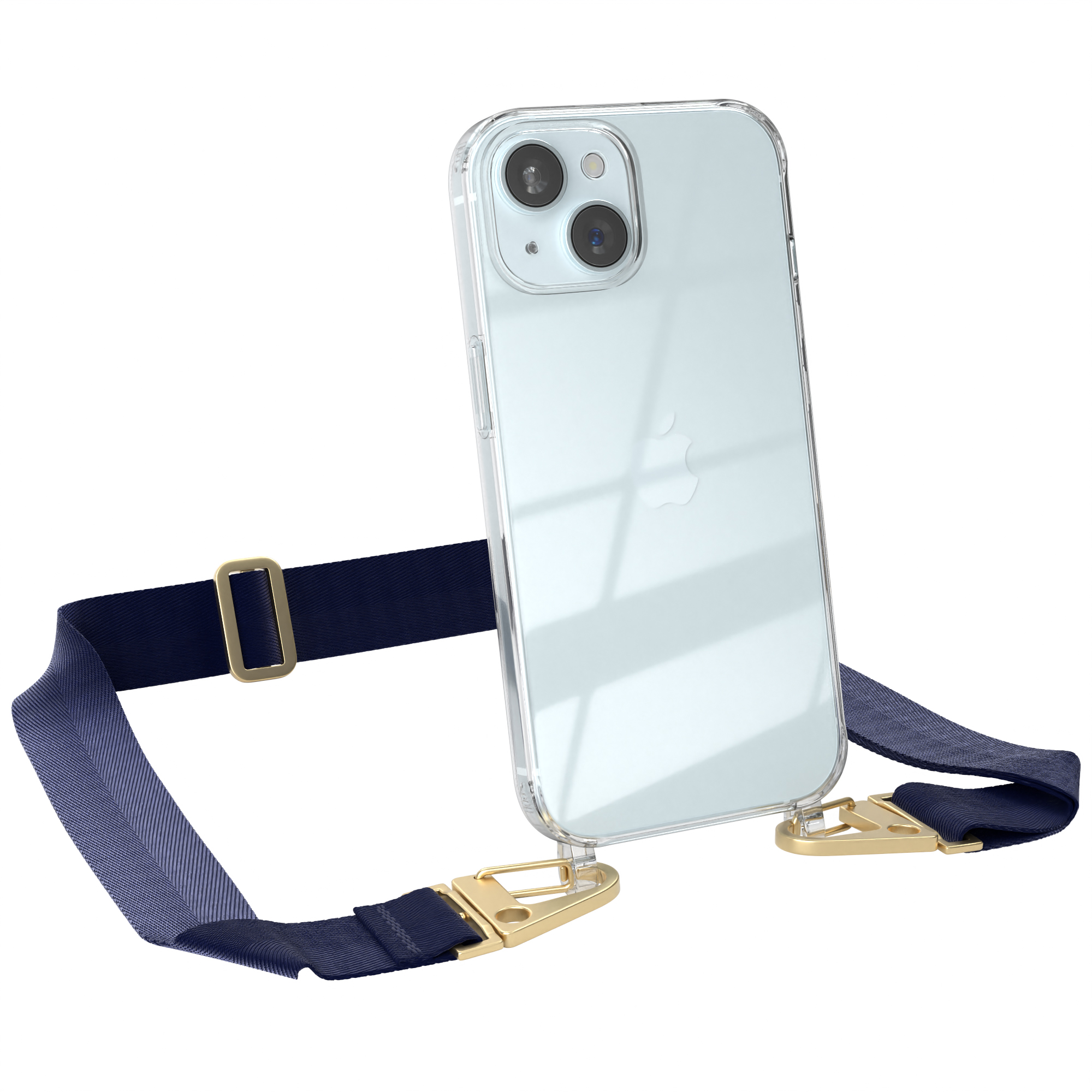 EAZY CASE Apple, Transparente Dunkel + Umhängetasche, mit Karabiner, breiter Kordel 15, / Gold Blau Handyhülle iPhone