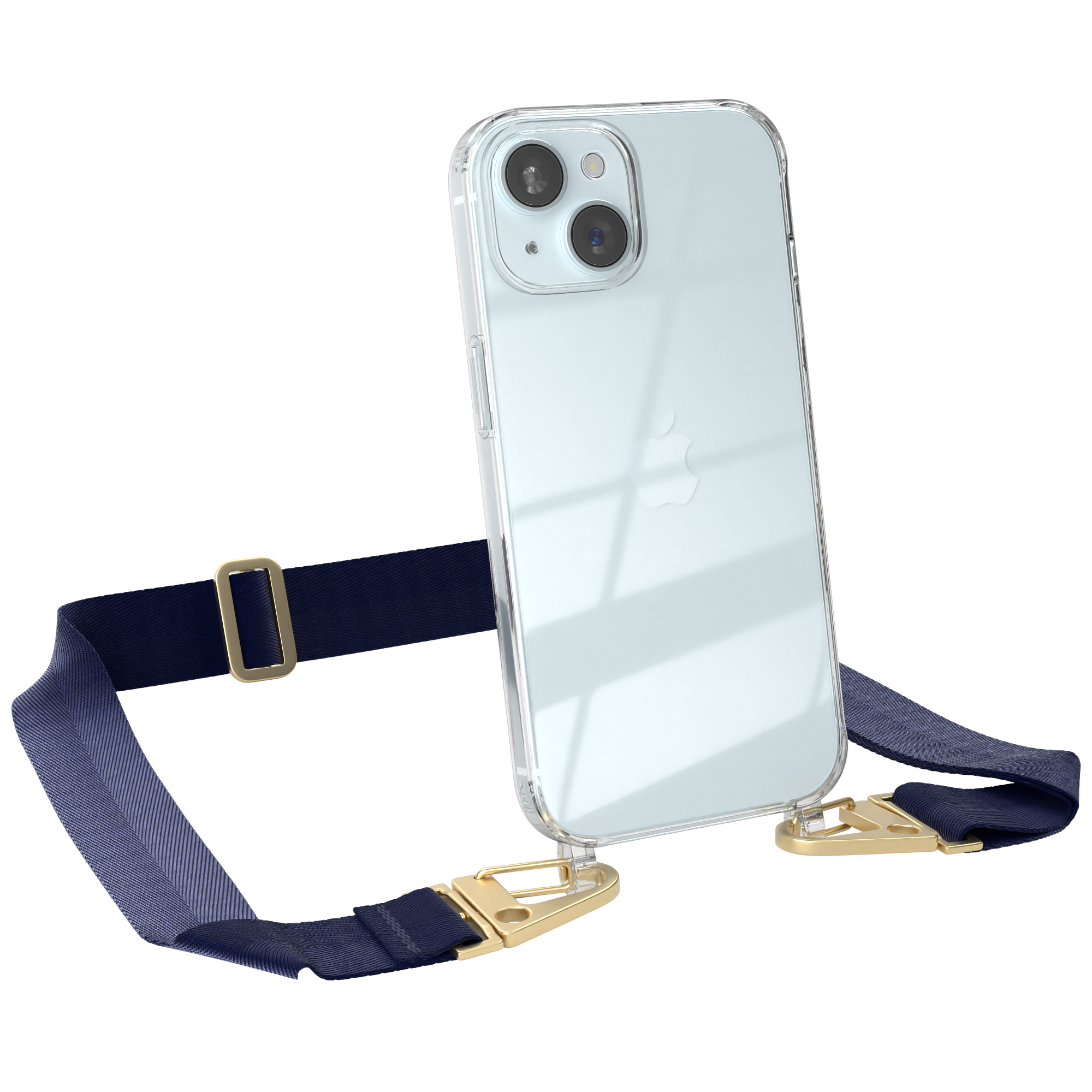 Ein Telefon mit marineblauem Riemen und einer transparenten Hülle mit Goldverschluss.