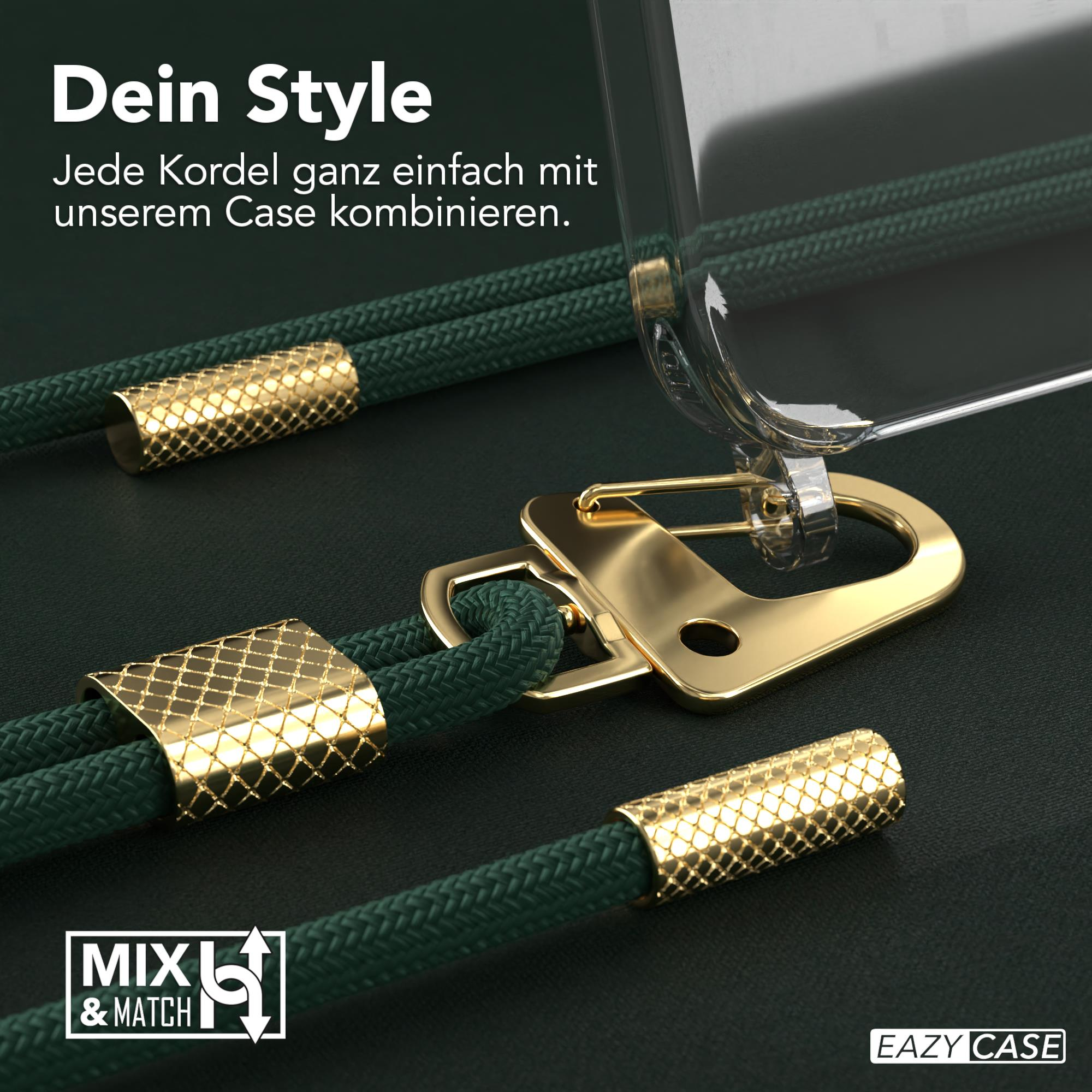 Nahaufnahme eines grünen Telefonkabels mit goldenen Details und einer Handyhülle.