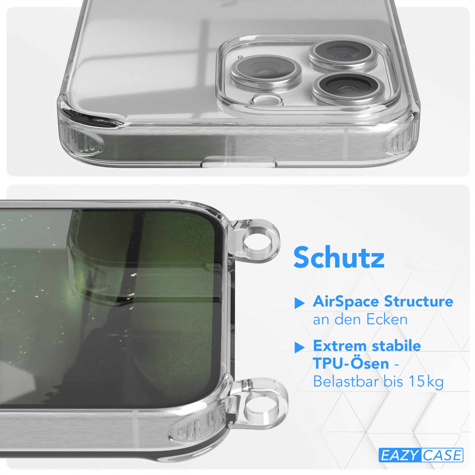 Nahaufnahme einer transparenten Handyhülle mit Schutzmerkmalen: AirSpace Structure, TPU-Ösen.