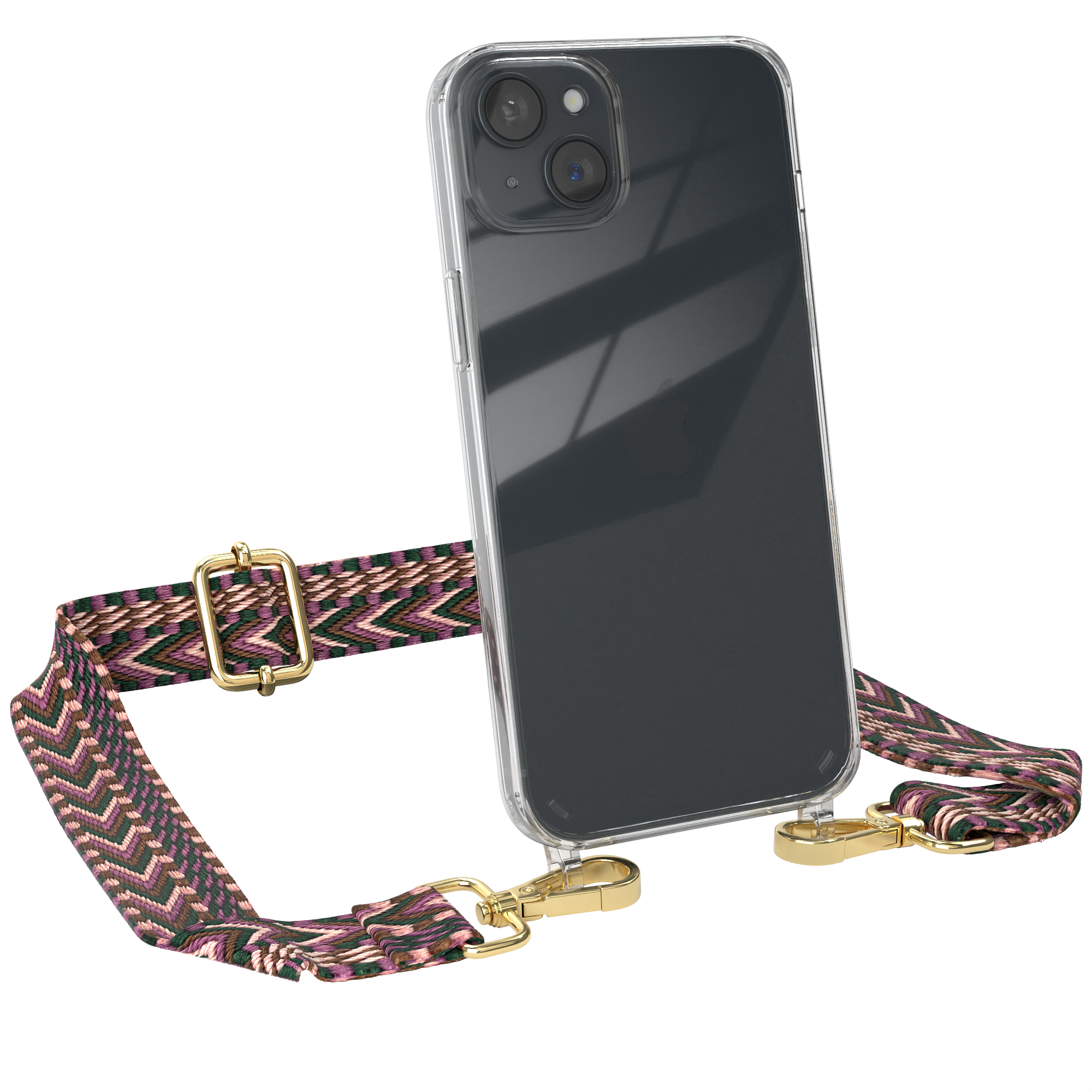 Transparente Handyhülle mit gemustertem Band, goldfarbenen Verschlüssen. Telefon sichtbar.