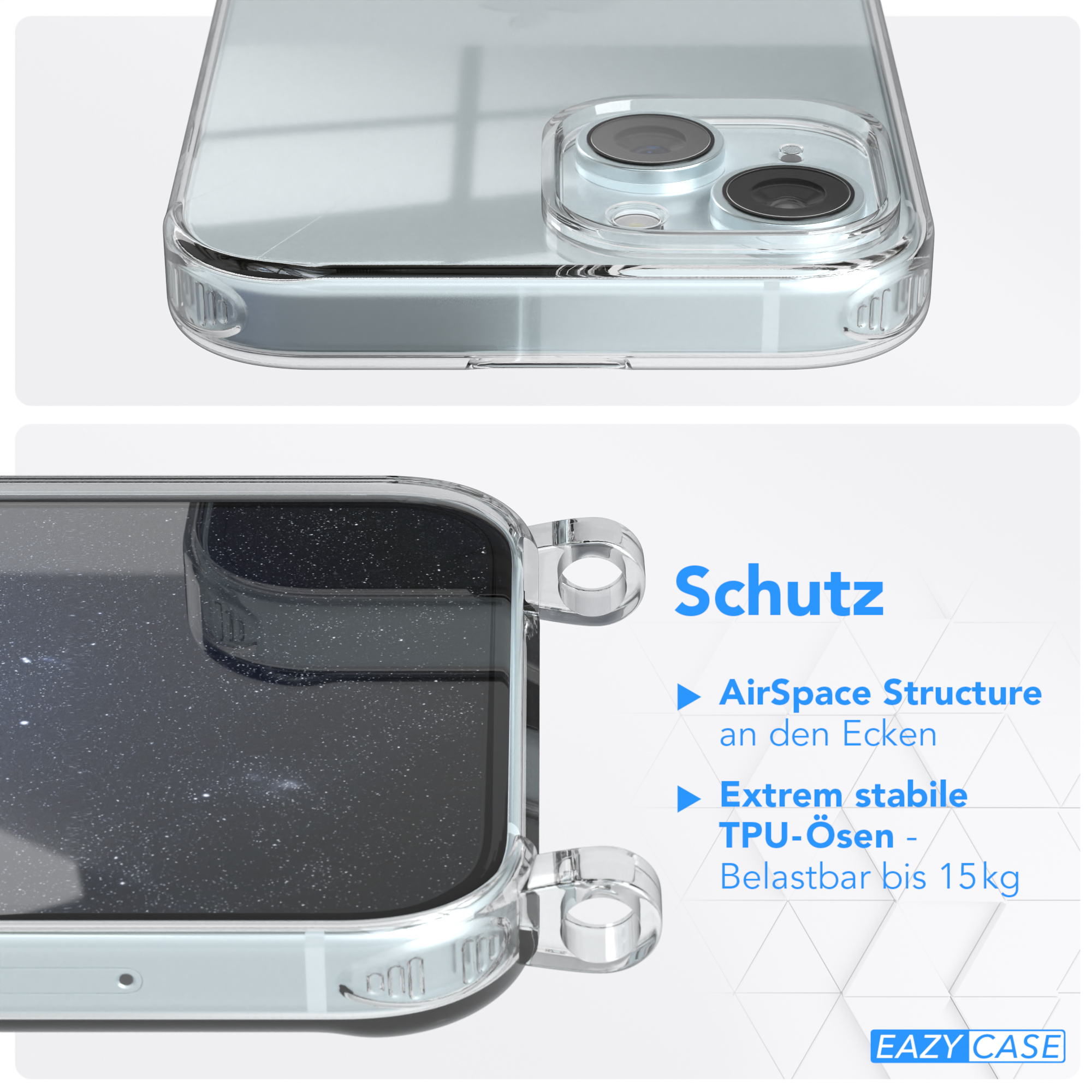 / Kordel Apple, EAZY breiter Blau Transparente iPhone mit Handyhülle Umhängetasche, 15, Dunkel + CASE Karabiner, Gold