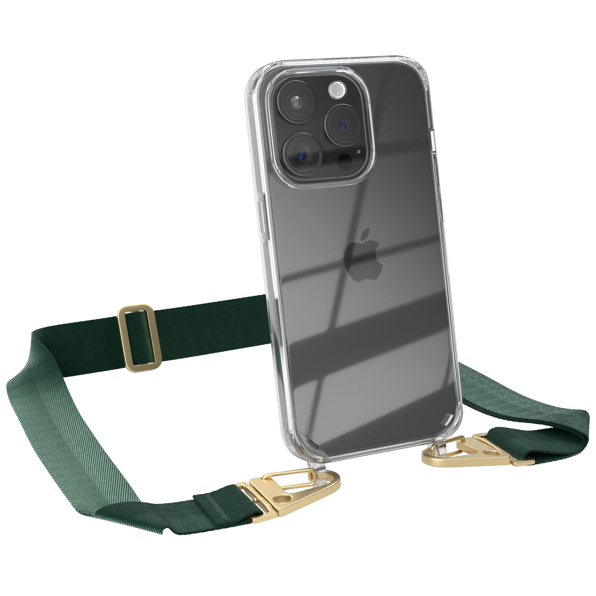 EAZY Gold iPhone Transparente Grün mit Kordel breiter 15 Dunkel Pro, Umhängetasche, CASE Handyhülle Apple, + / Karabiner,
