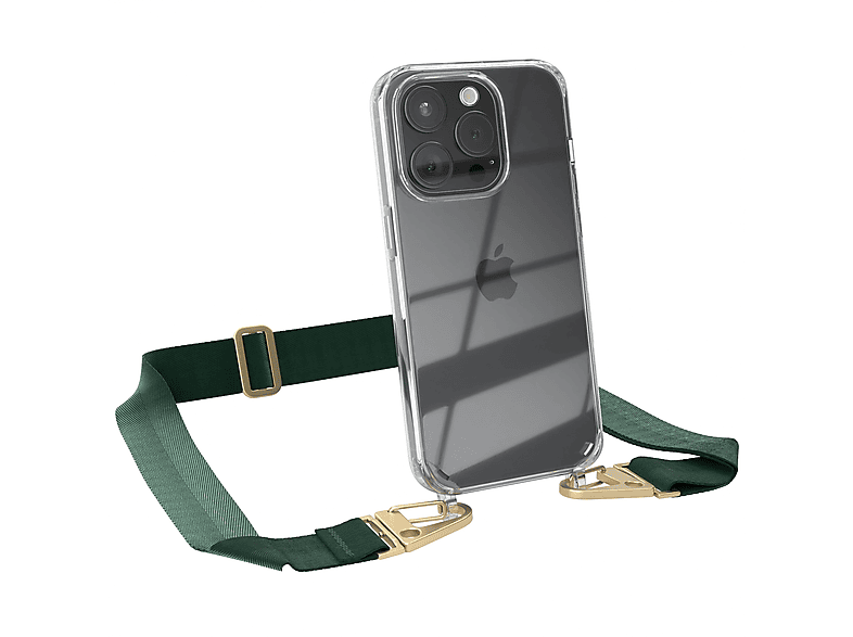 Umhängetasche, Karabiner, Dunkel / EAZY iPhone Pro, CASE Handyhülle breiter Kordel Apple, 15 Transparente + Grün Gold mit