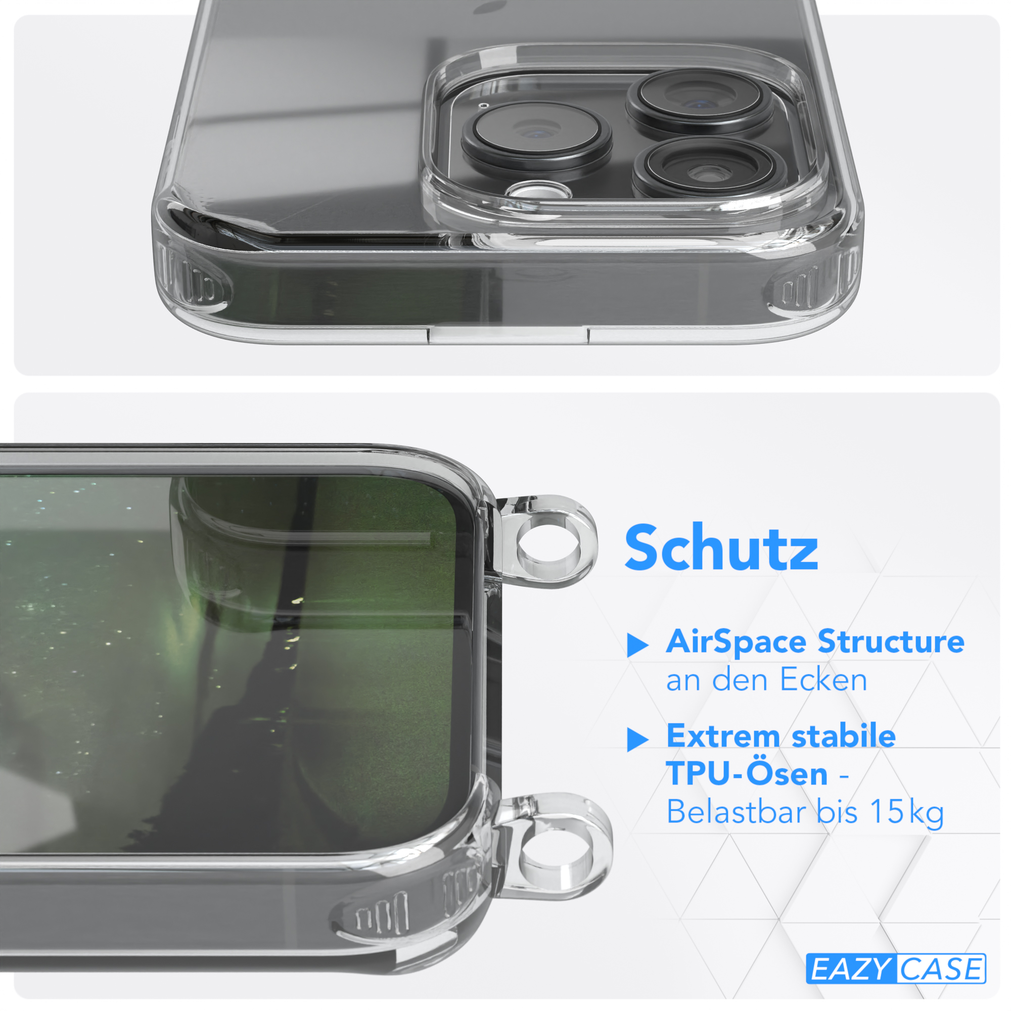 EAZY CASE Transparente Handyhülle iPhone Grün Pro, breiter Gold 15 mit + Kordel Dunkel Umhängetasche, Karabiner, / Apple