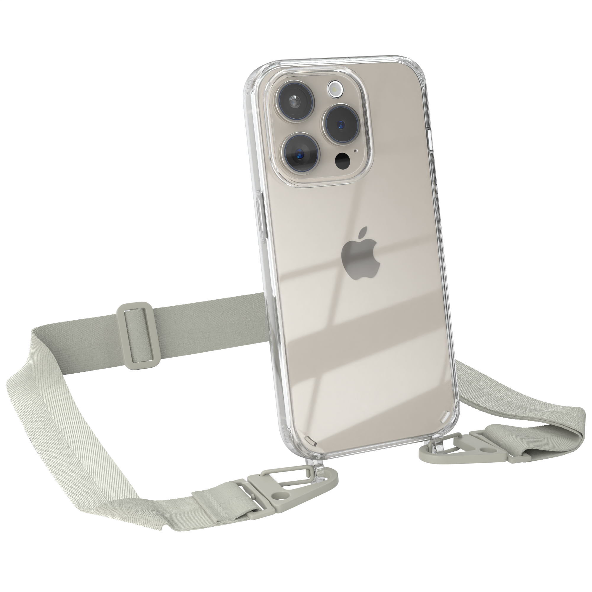 Pro, breiter Grau Beige Taupe EAZY / Transparente iPhone Kordel Apple, + CASE Umhängetasche, 15 Handyhülle Karabiner, mit