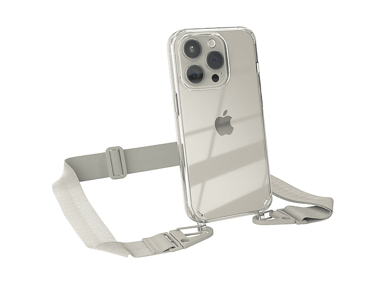 EAZY CASE Transparente Handyhülle mit breiter Kordel + Karabiner, Umhängetasche, Apple, iPhone 15 Pro, Beige Grau / Taupe