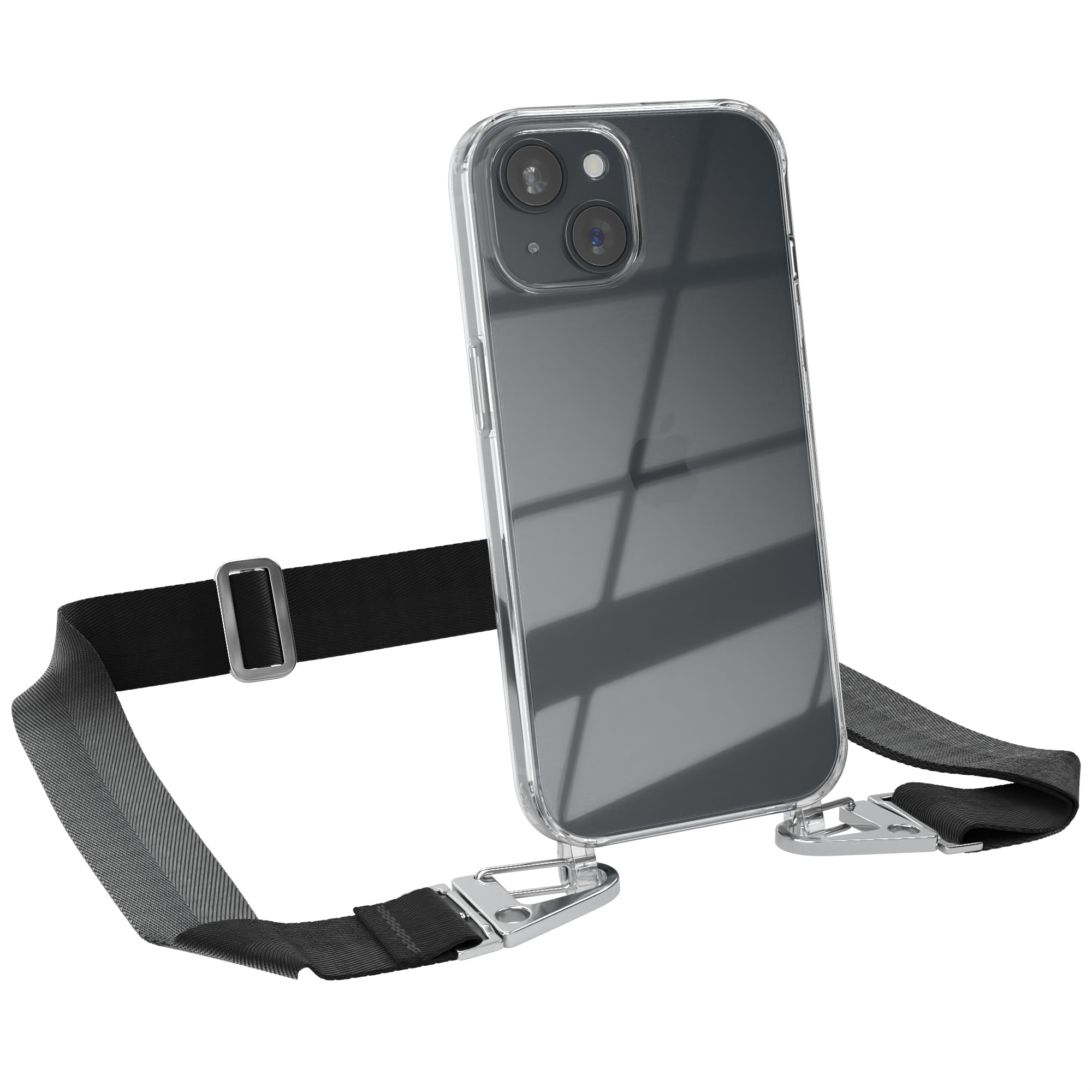 EAZY Handyhülle 15, Kordel breiter Transparente Karabiner, mit iPhone Schwarz + Silber CASE Umhängetasche, Apple, /