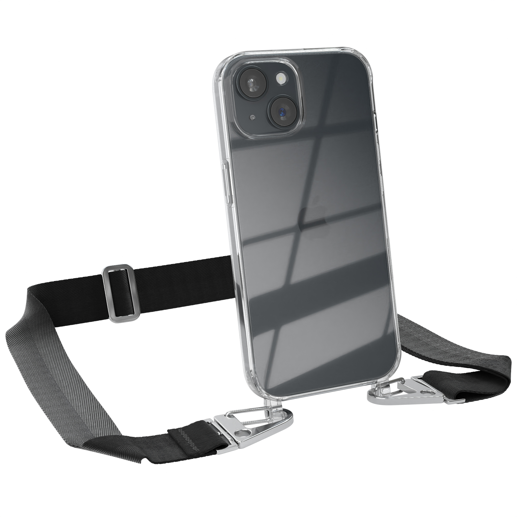 Transparente Handyhülle mit schwarzem Lanyard.