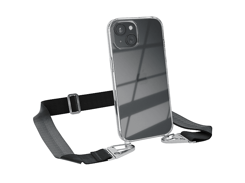 EAZY CASE Transparente Handyhülle mit breiter Kordel + Karabiner, Umhängetasche, Apple, iPhone 15, Schwarz / Silber