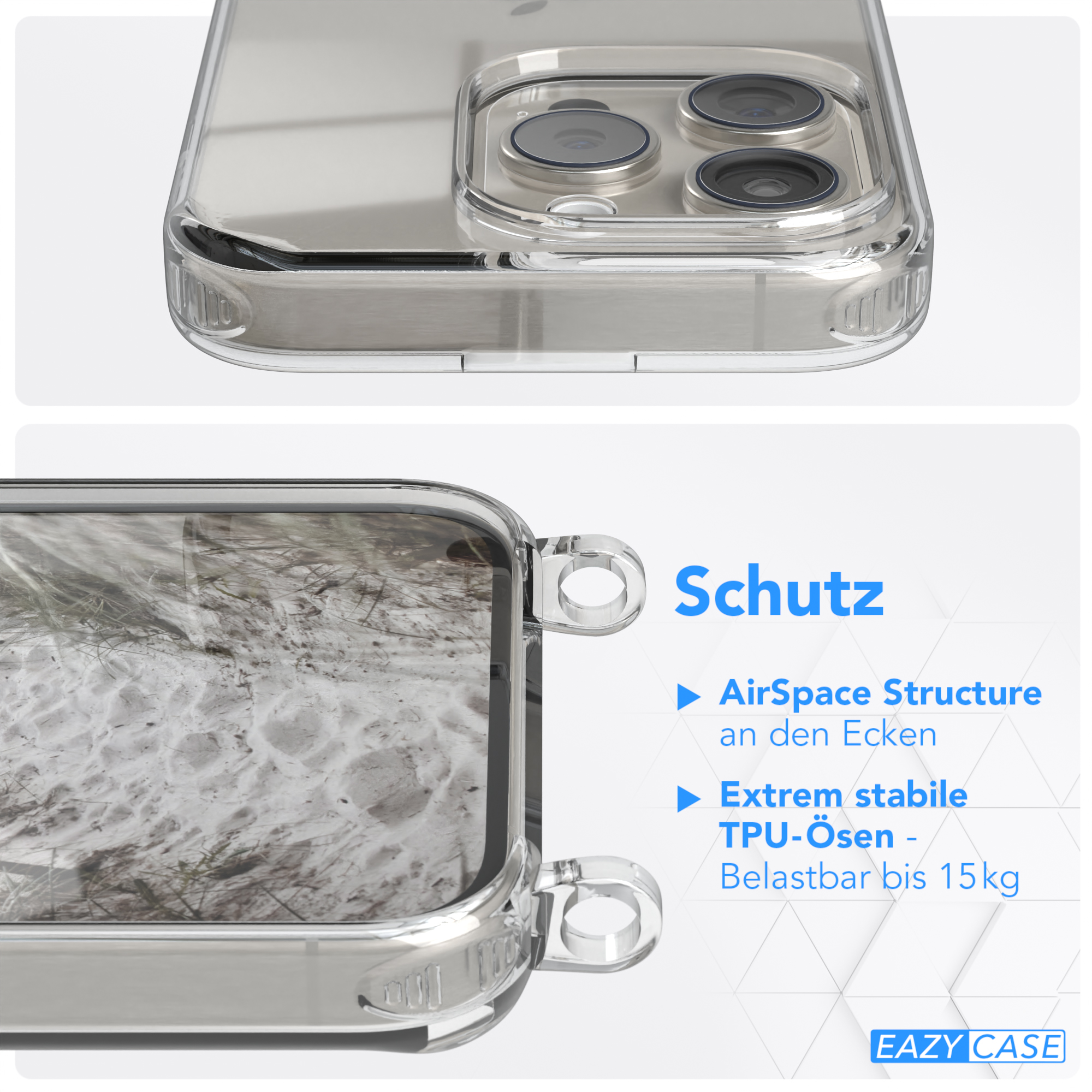EAZY CASE Transparente Handyhülle Apple, 15 mit iPhone Pro, Grau Taupe + Kordel breiter Umhängetasche, Beige Karabiner, 