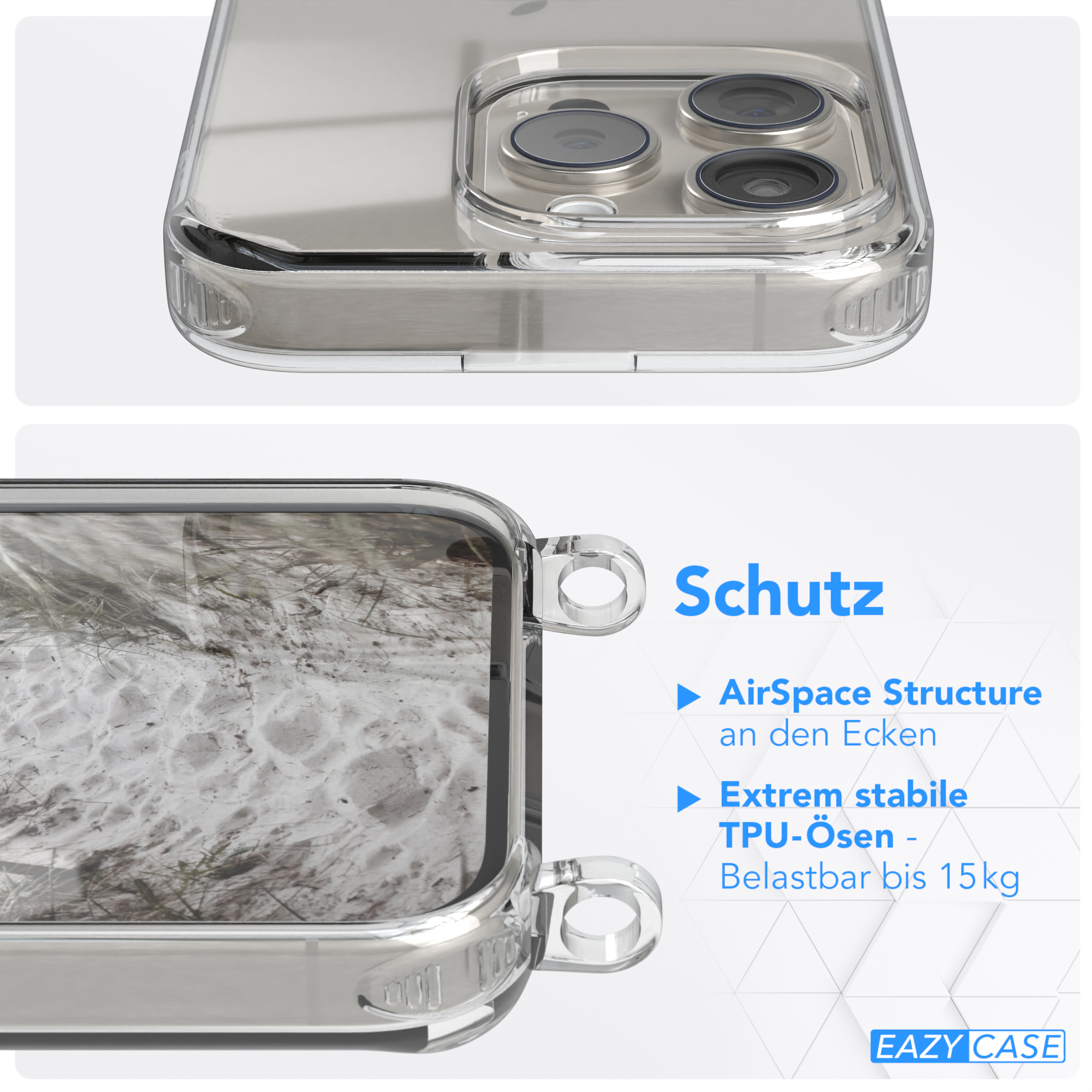 Nahaufnahme einer transparenten Handyhülle mit Strandszene und Schutzmerkmalen.