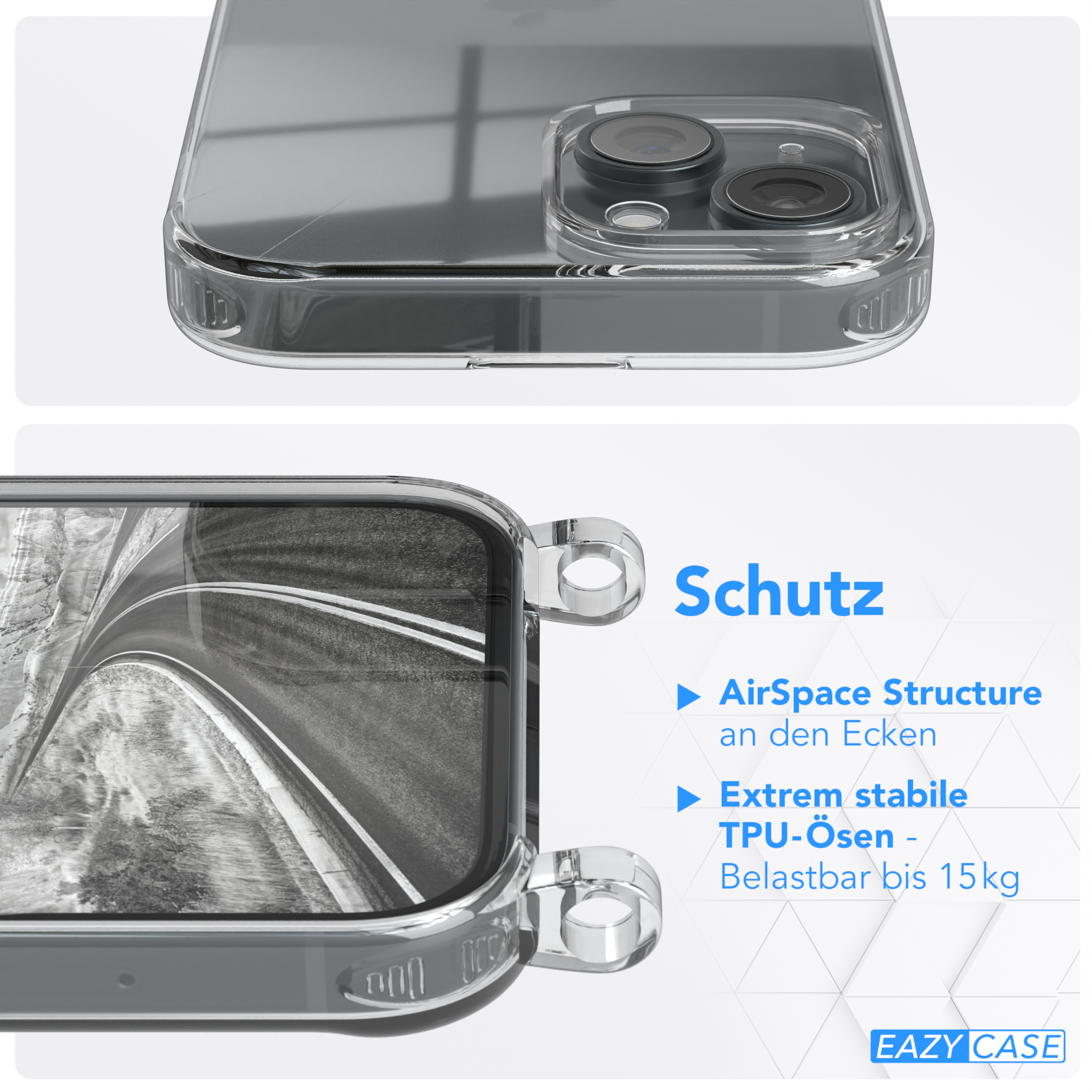Transparente Handyhülle mit Telefon. Der Text lautet 'Schutz' und 'EAZY CASE'.