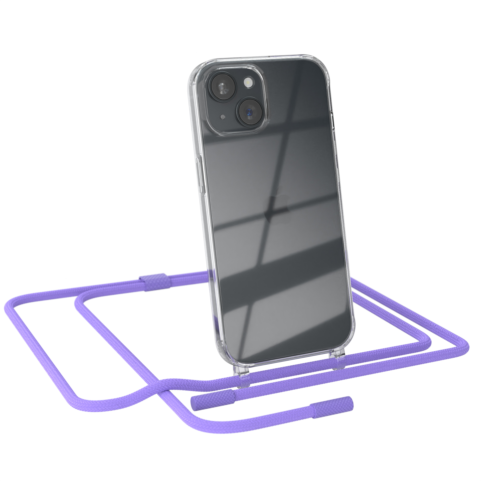 CASE Apple, runder iPhone Umhängetasche, 15, EAZY / unifarbend, Transparente mit Flieder Lila Handyhülle Kette